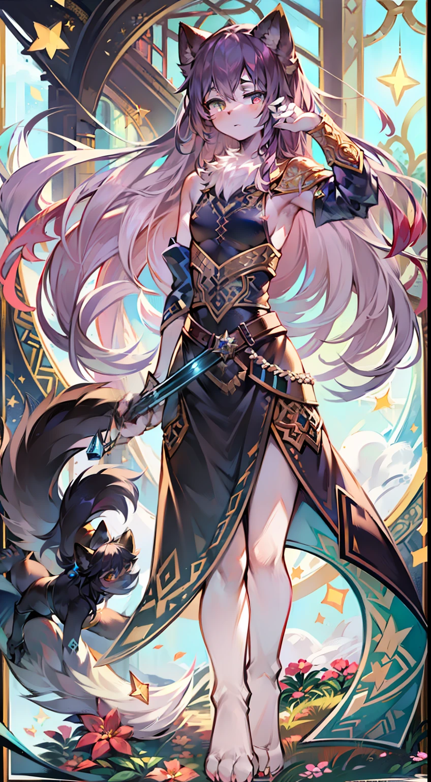 (Masterpiece), Best quality, Dynamic Angle, Dynamic full-body posture,(Hairy chest and arms+ Raised sexy:1.1,feline features:1.0,slim body 1.1), glittering ocean, full moon/Meniscus, moon full/Crescent night, Sparkling beautiful long hair:1.2, Sensual expression, beautidful eyes, Based on beautiful landscapes,Enhance the beauty of the pattern, aquarelle. (Feminine),(The face of a human woman:1.4),(Beautiful mature long hair black cat girl), (The long sword of the Japanese world,The sword is decorated with ornate gemstones), (Wear delicate full-body dark leather armor:1.2)(Full body dress)(Leather armor covers the whole body), Mysterious rune star map, The background is deep.The hands are furry cat's paws