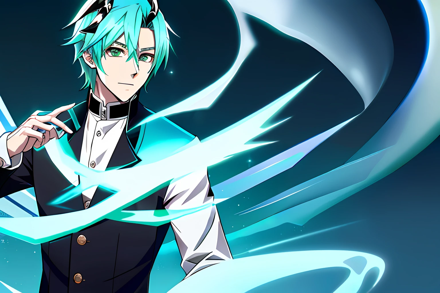 male people,Blue-green hair color,Sheep pupils,Only one side has goat horns,Three seven distribution type,White shirt,Black trench coat,long whitr hair