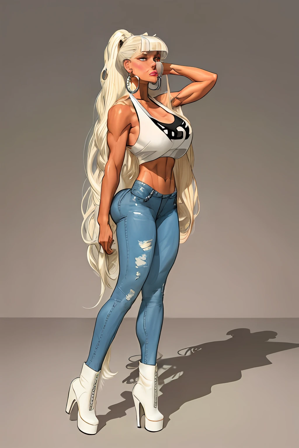 (3/4 view:1.4)(masterpiece:1.2, best quality), 1lady, solo, upper body, big tits, wide hips,
light blue wash skinny jeans, white tank top, midriff exposed, high heel boots
Loose waves, platinum blonde, (long hair bangs:1.6), long ponytail,
simple hoop earrings