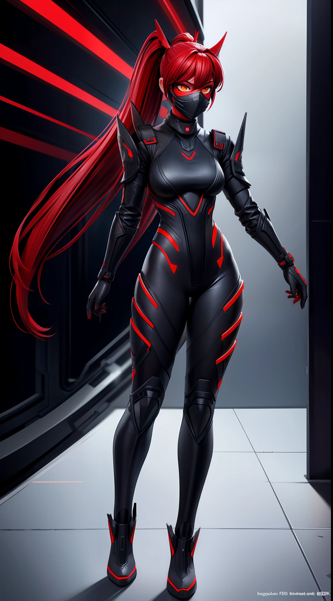 solo, super fine photo, full body picture Unreal Engine 5 8K UHD of beautiful girl, red pony tail hair, wearing futuristic black tight battle suit, half face mask, futuristic neck collar, red light details, dark makeup, best quality, masterpiece, unified 8k wallpaper, super detailed, sharp focus, dynamic pose