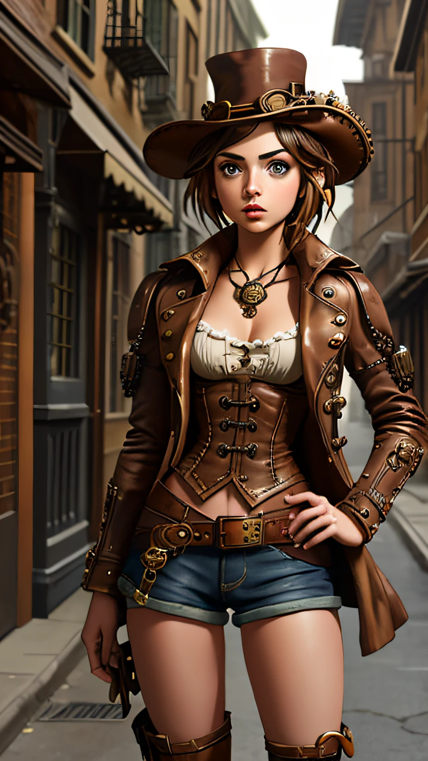 cute steampunk Ana De Armas wearing a stylish steampunk outfit in a steampunk street, cinematic