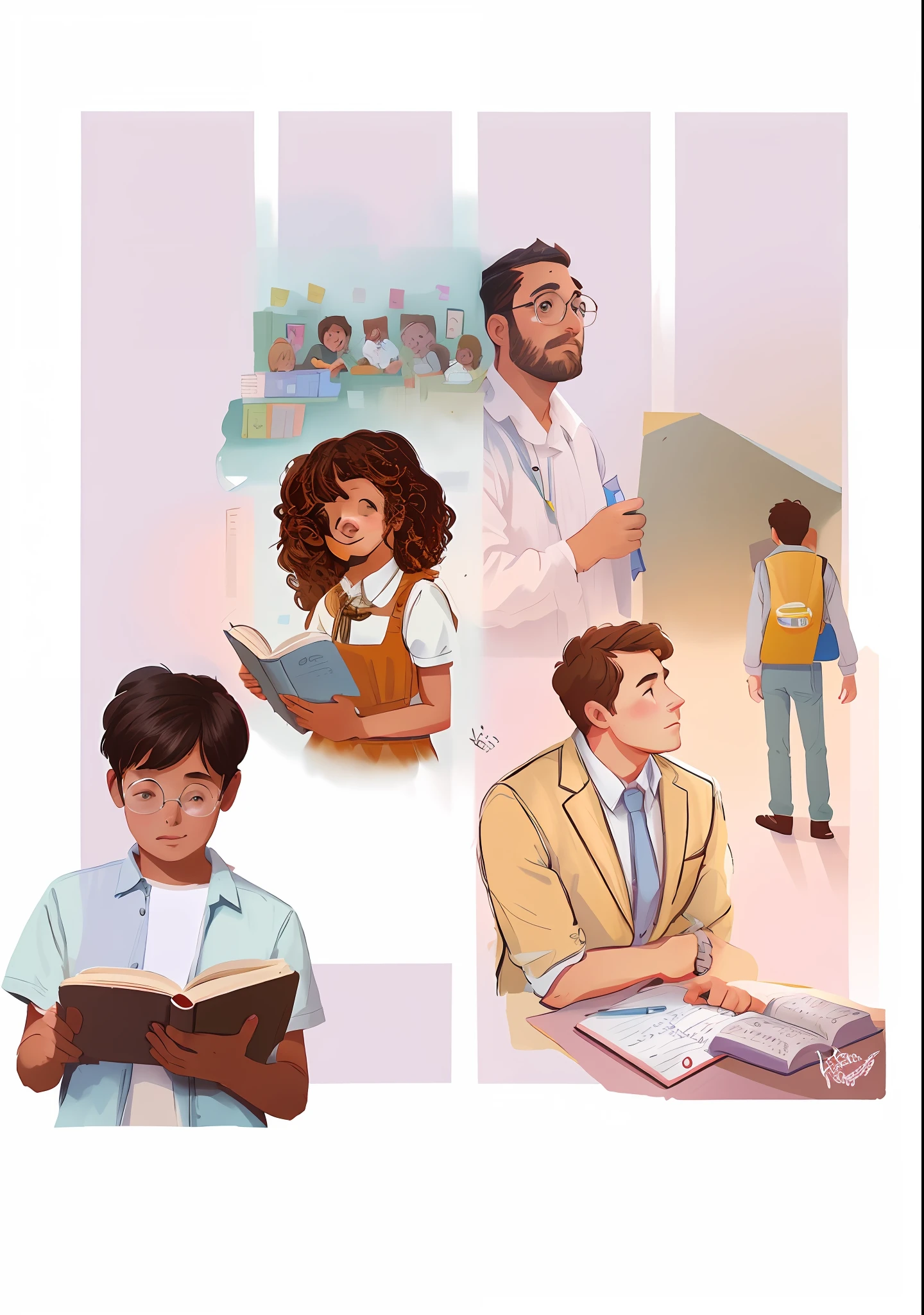 There are four pictures of a man and a woman reading, full-colour illustration, professional illustration, commercial illustration, digital illustration -, illustration of children's books, digital illustrations, color digital illustration, professional illustration, Illustrations, full-colour illustration, illustration for book, illustration of children's books, illustration of children's book, illustration for children's book, illustration of children's books, illustration of children's book