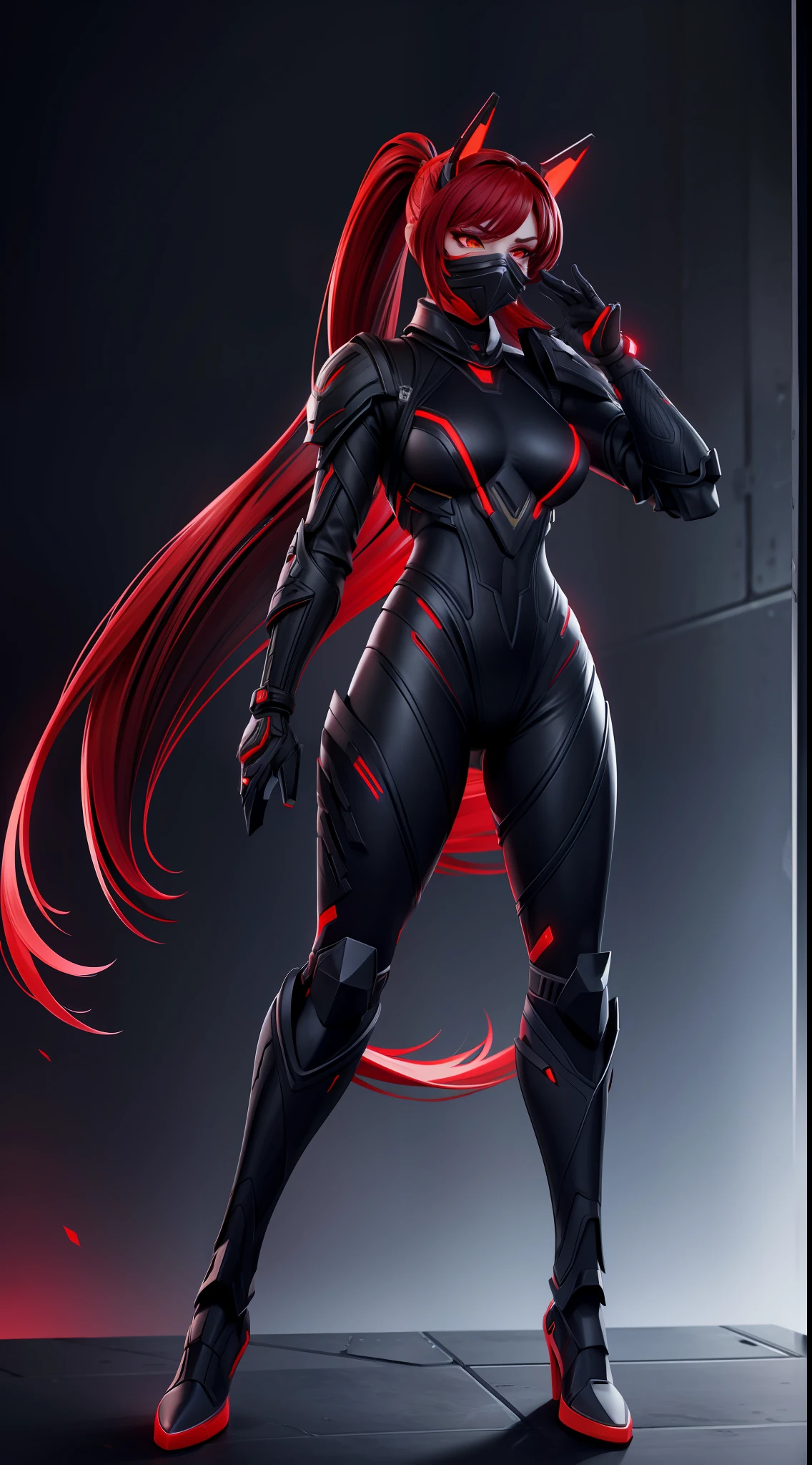 solo, super fine photo, full body picture Unreal Engine 5 8K UHD of beautiful girl, red pony tail hair, wearing futuristic black tight battle suit, half face mask, futuristic neck collar, red light details, dark makeup, best quality, masterpiece, unified 8k wallpaper, super detailed, sharp focus, dynamic pose