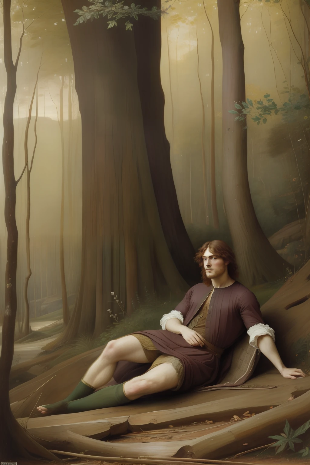 "(((Pre-Raphaelite painting))), rei celta homem, man, male, coroa, figura masculina, roupas douradas, coroado, roupa celta, coroa de folhas de carvalho, grande carvalho, giant tree oak, Floresta encantada"