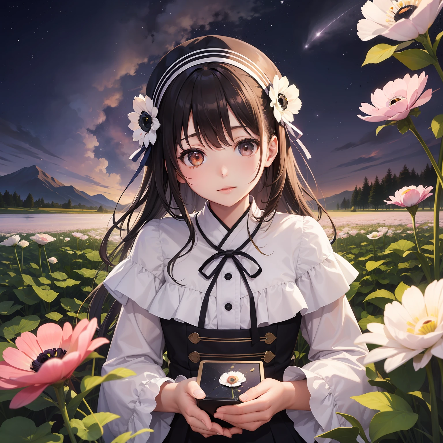 One girl is in a square full of anemones。Looking at the starry sky。
