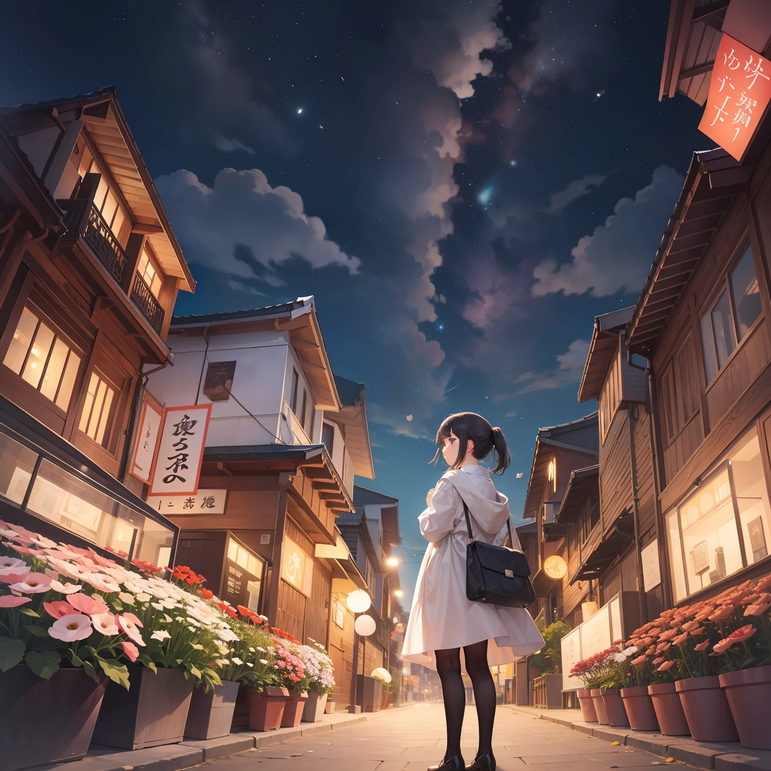 One girl is in a square full of anemones。Looking at the starry sky。