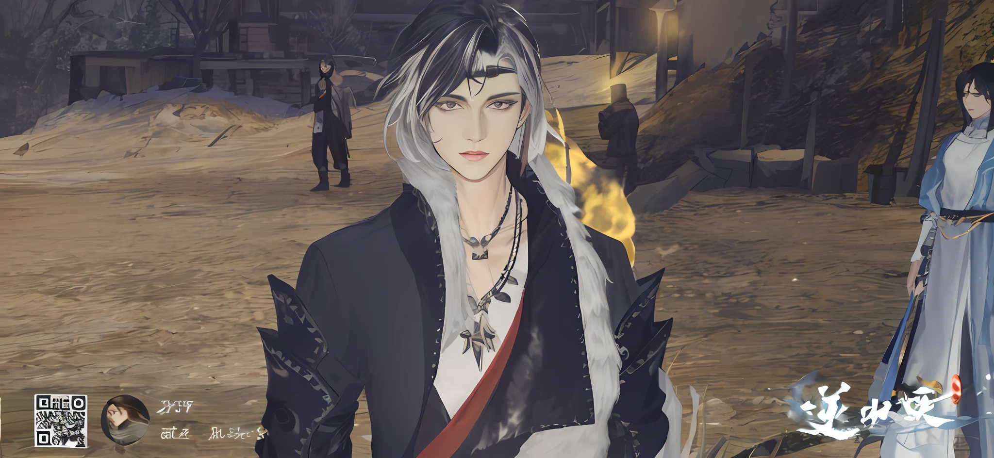 Dressed in fur and black,Hair is black and white, and dyed,Delicate facial features,beautiful man