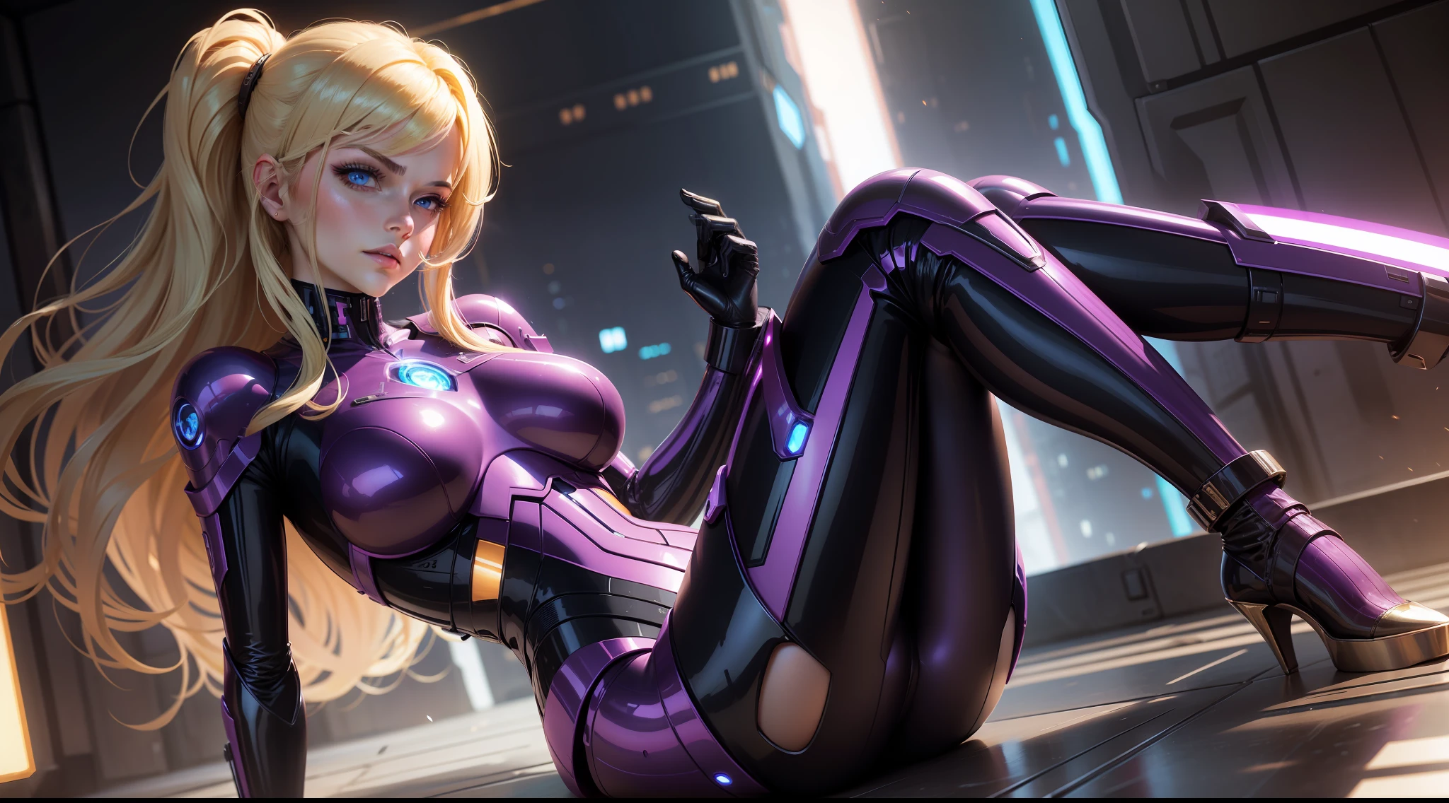 ((tmasterpiece)), ((best qualtiy)), (ultra - detailed), ((hight contrast)), (high saturated), (beatiful detailed eyes), ((Extremely refined and beautiful)), (pretty hand), ((perfect hand)), (Background of the mechanical network city), The city of the future, 夏天, exteriors, Girl riding a purple motorcycle, Medium hair, blond hairbl, asymmetricalbangs,Red stockings long legs Beautiful detailed glass hair, eBlue eyes, Large breasts, machinery suit, ((Glow body)), (Very shiny body), Transparent part, jewely, decorations, opulent, posh, Fabulous, Lighting scattered throughout the body, illumination shines, droid, droid, droid, tightsuit