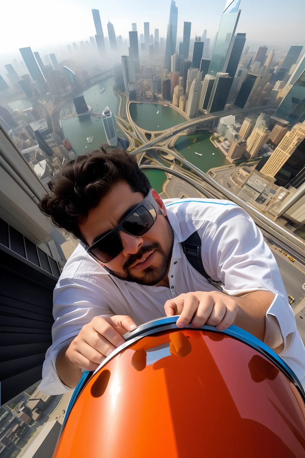 arafed man with sunglasses on top of a building looking down, top down photo, stood on top of a sky scraper, top down shot, soaring above a dense city, sitting on a skyscraper rooftop, wide angle dynamic portrait, above city, standing on a skyscraper rooftop, top down perspective, cinematic view!!!, top - down photo