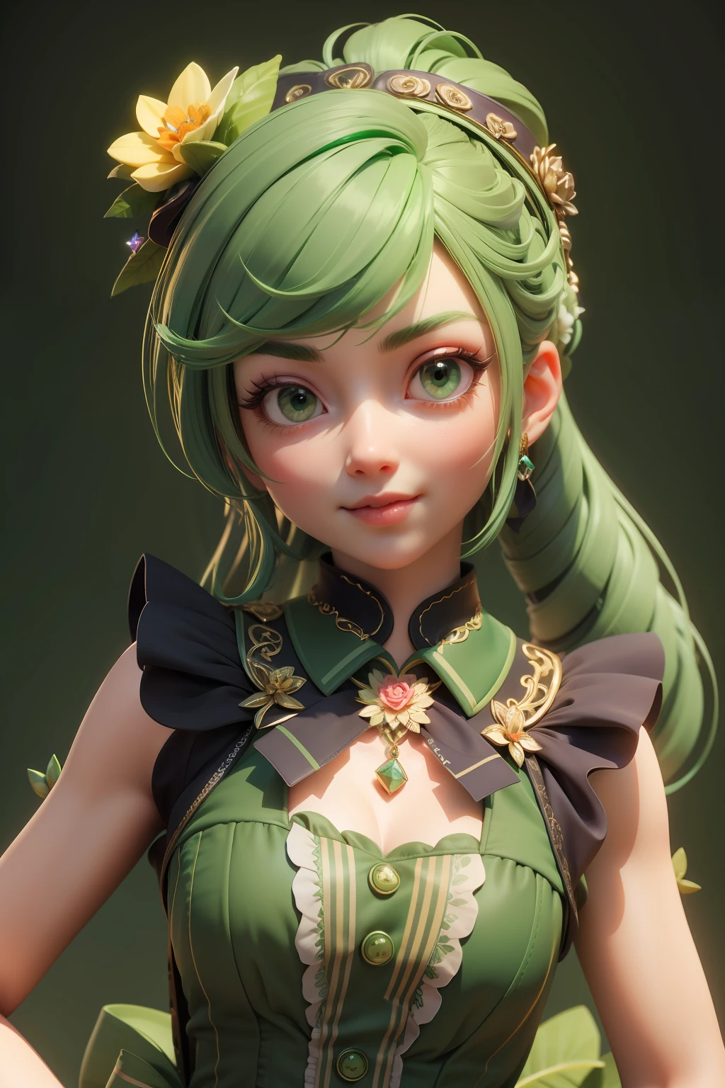 3dmm style, (masterpiece, best quality), intricate details, 1girl, solo, green hair, flower hair clip, green dress, looking at viewer,