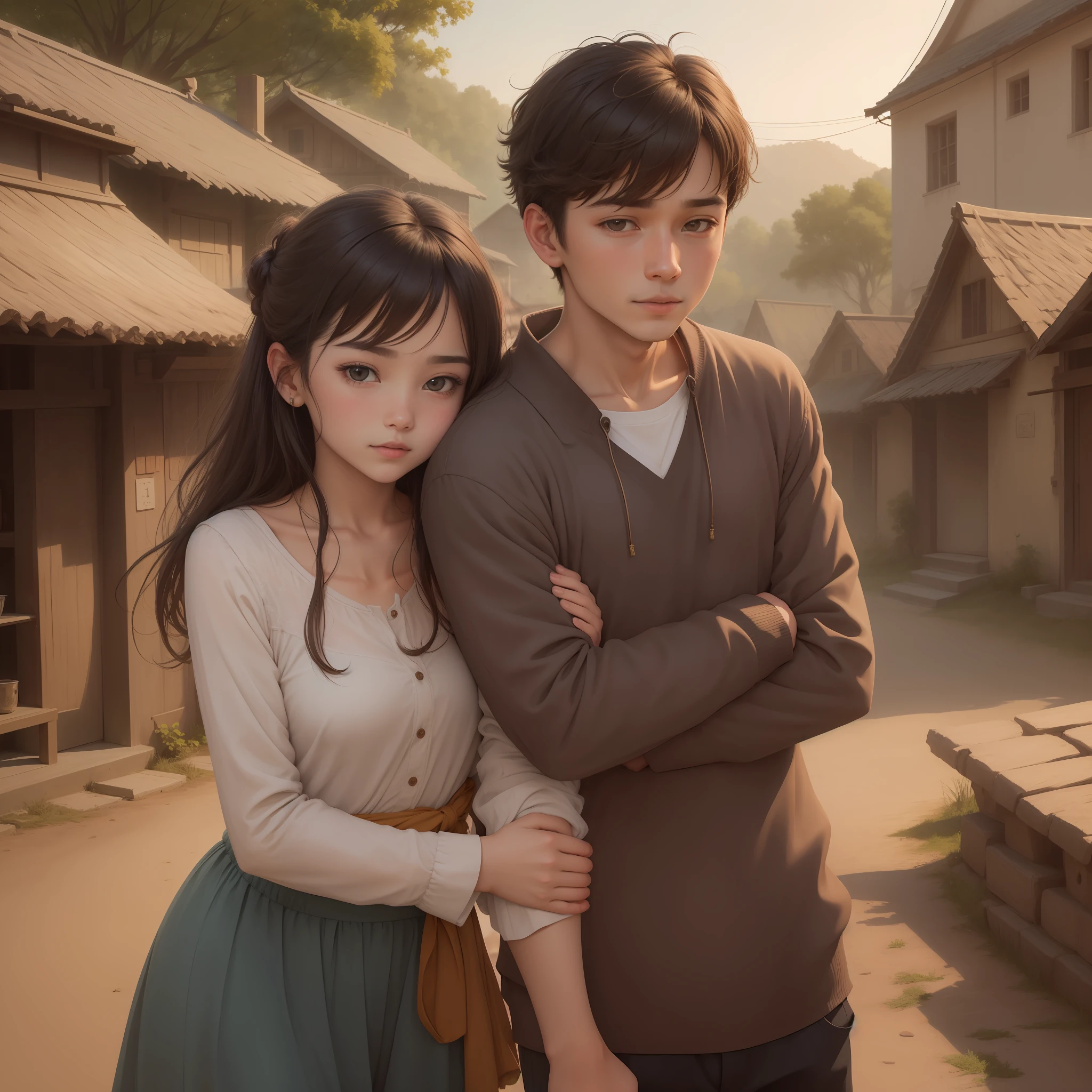 love ,handsome boy and cute girl ,hugging, village back ground