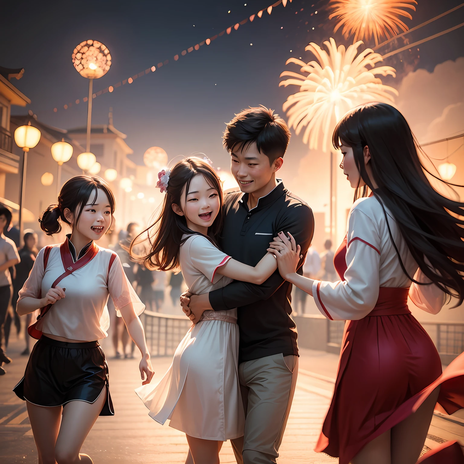 A pair of parents,2 girls,4 people,take hand,Run,gleeful,China-style,Hanfu,UE5,fire works,hugs,Exciting,small windmill,