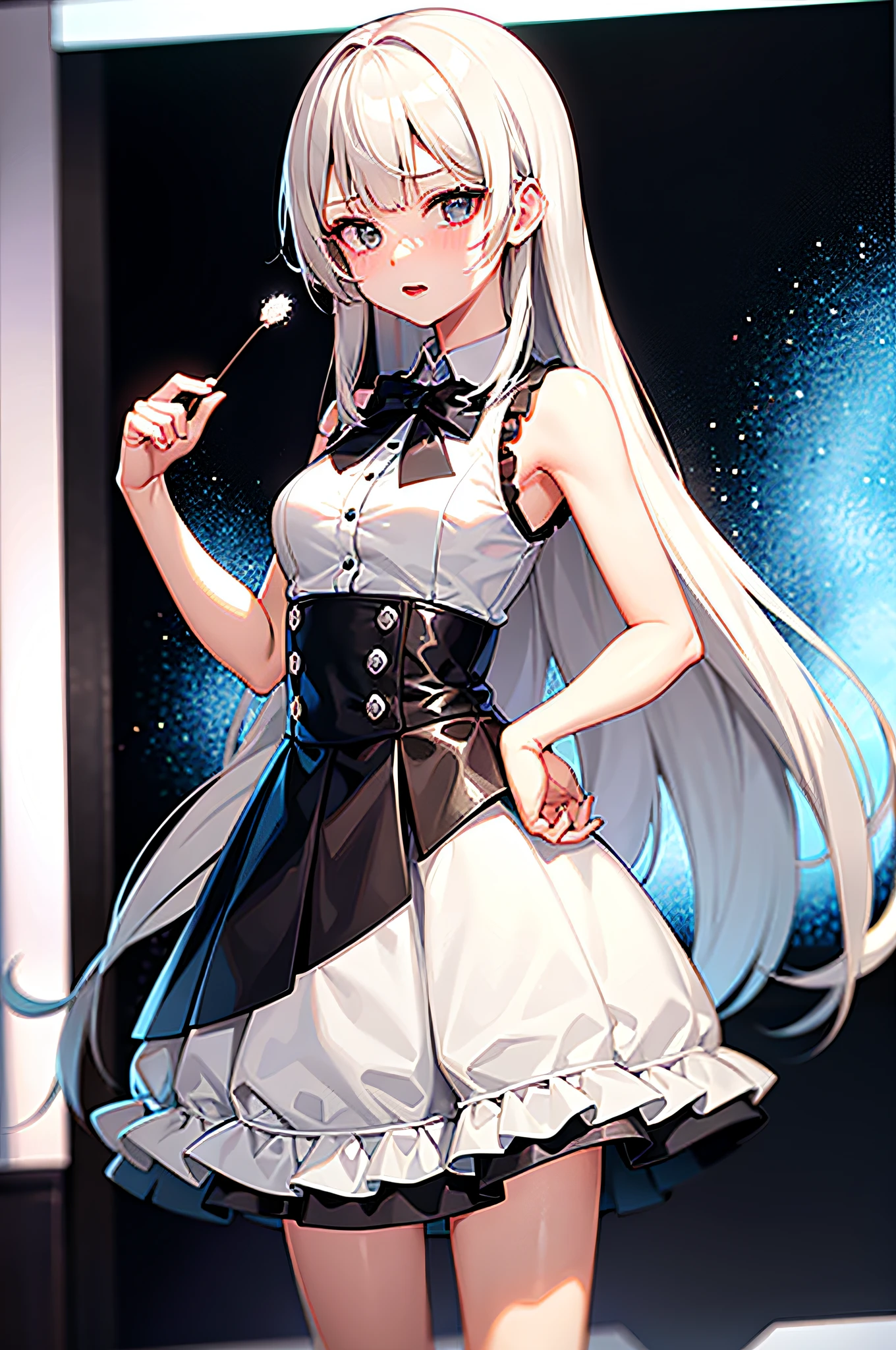 best qualtiy,超高分辨率,1girl,sleeveless white button shirt,a black skirt,Black collar,adolable,(Kpop idol),(aegyo sal:1),(Platinum blonde hair:1),((puffy eye)),It looks like in front of the audience,full bodyesbian,facing the front there,Interviewed
