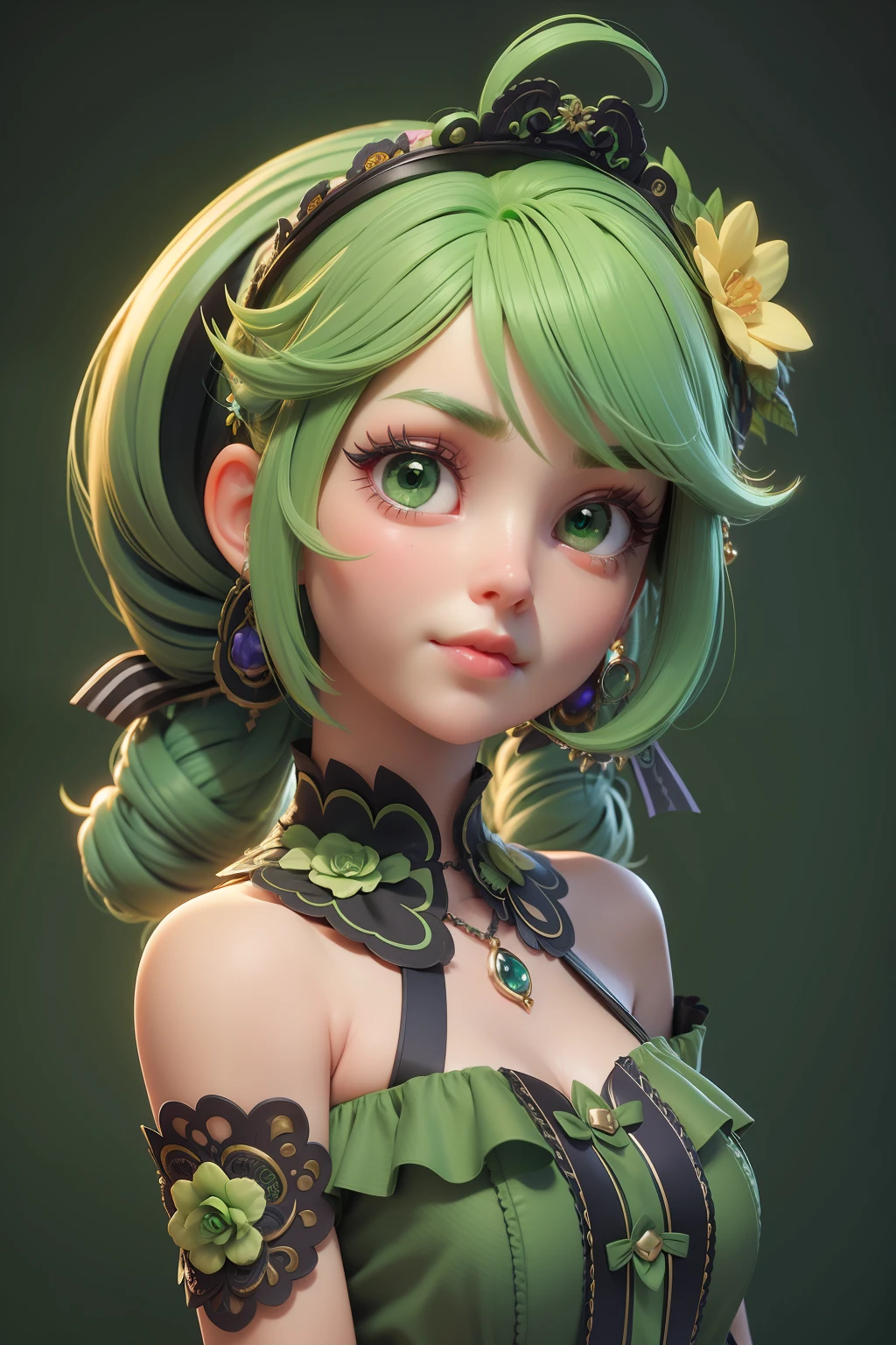 3dmm style, (masterpiece, best quality), intricate details, 1girl, solo, green hair, flower hair clip, green dress, looking at viewer,