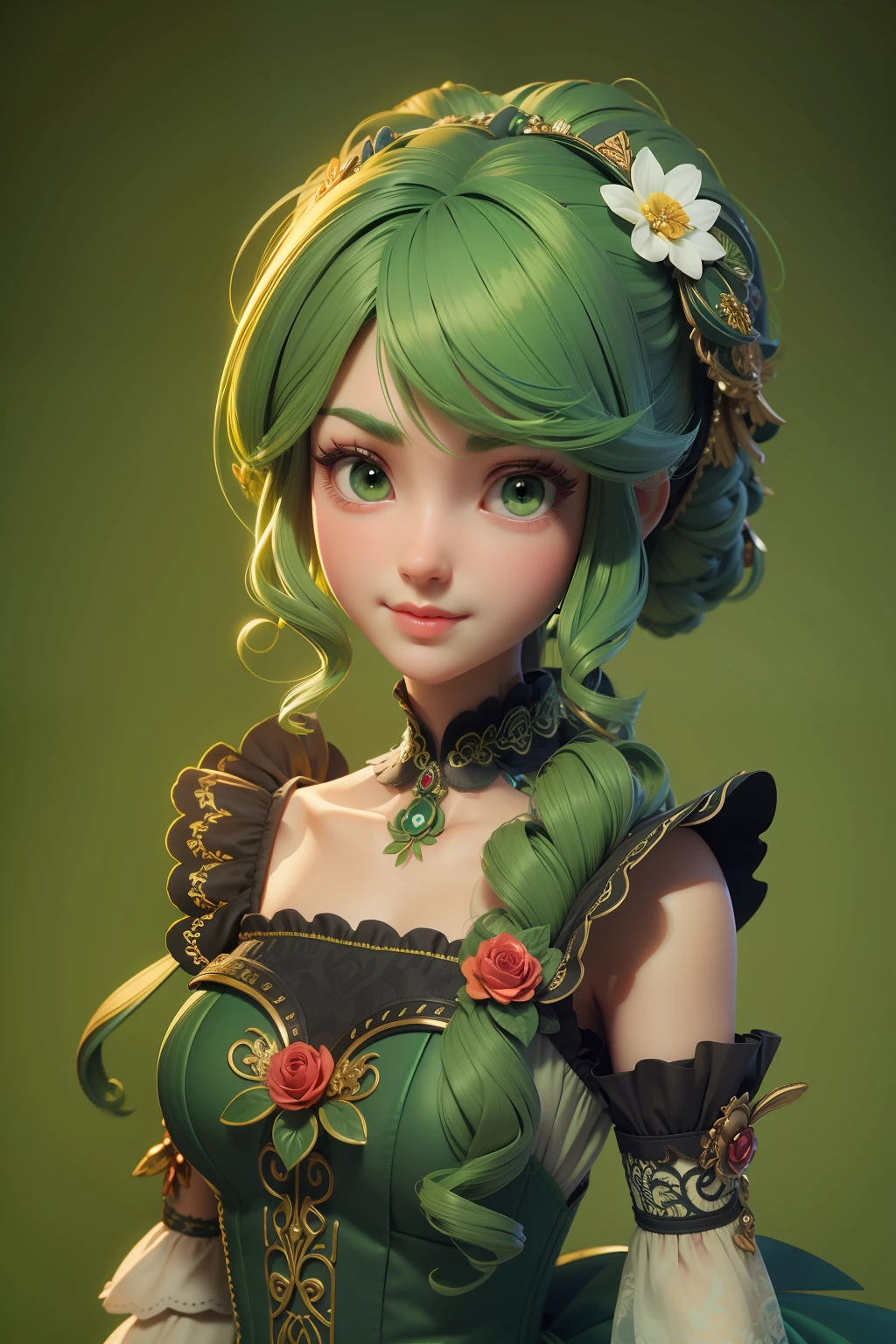 3dmm style, (masterpiece, best quality), intricate details, 1girl, solo, green hair, flower hair clip, green dress, looking at viewer,