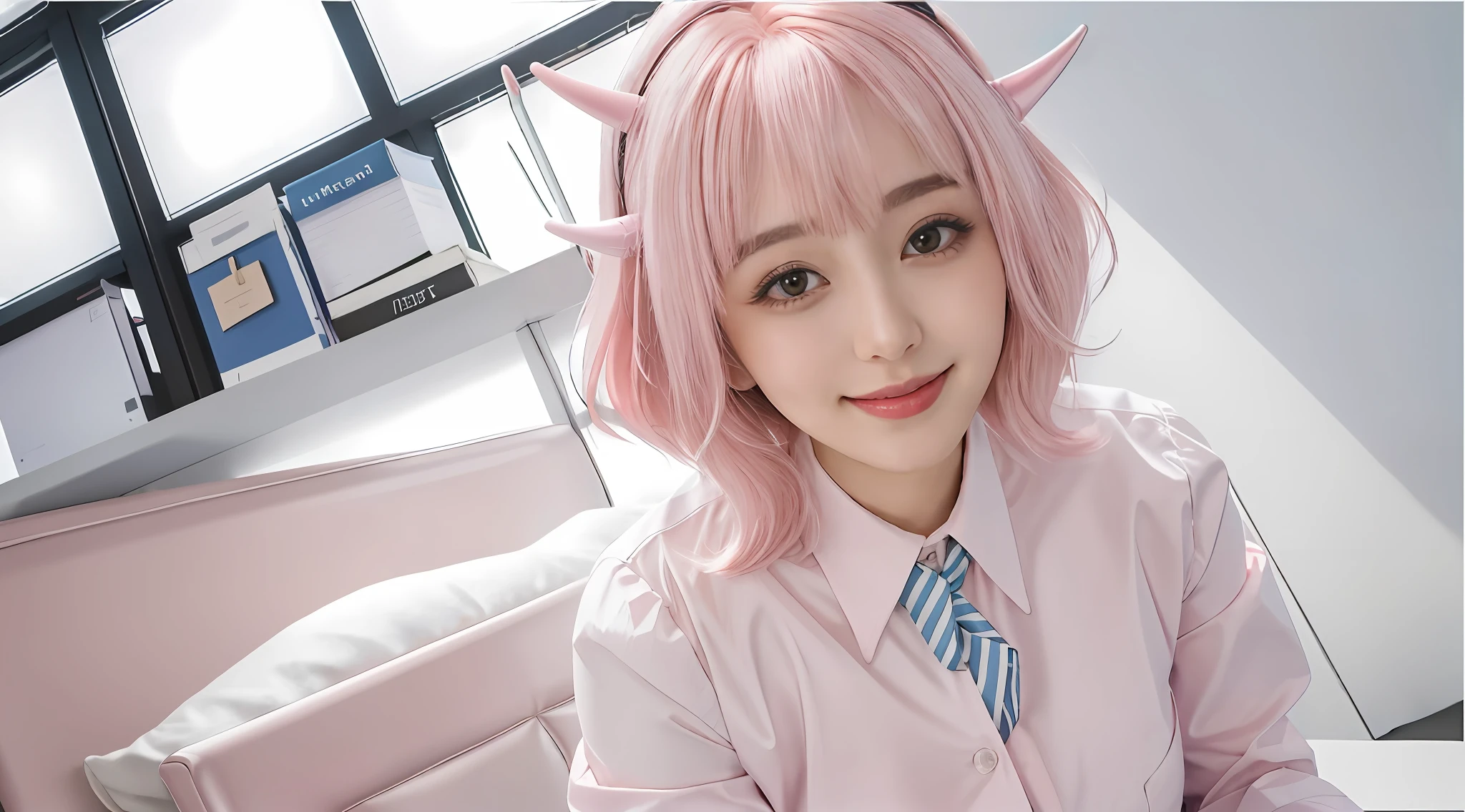 ((masterpiece, best quality)), (1girl),((mature female)), lightpink hair, halo, horn, ((office lady )),bangs,middle breast,(busty),slim,smile, [wide hips],office,standing, aru \(blue archive\),Tsubaki girl play in the stream happily