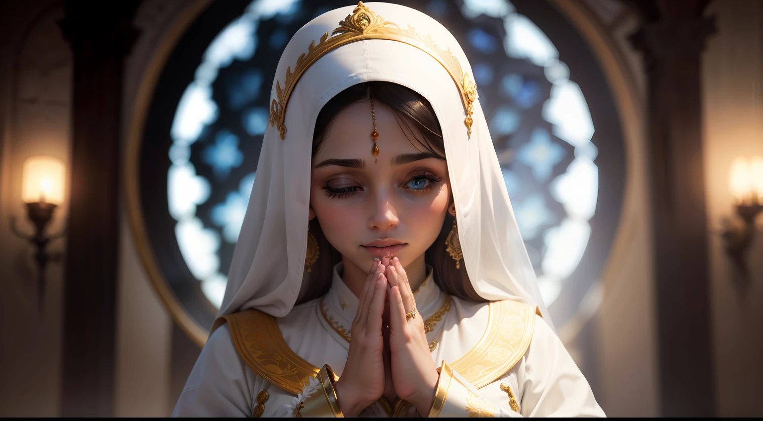 mulher real de perfil olhos fechados, hands together in sign of prayer praying with much bright brightness around focus on face and shoulders, roupa no estilo hinduista muito realista alta qualidade muitos detalhes