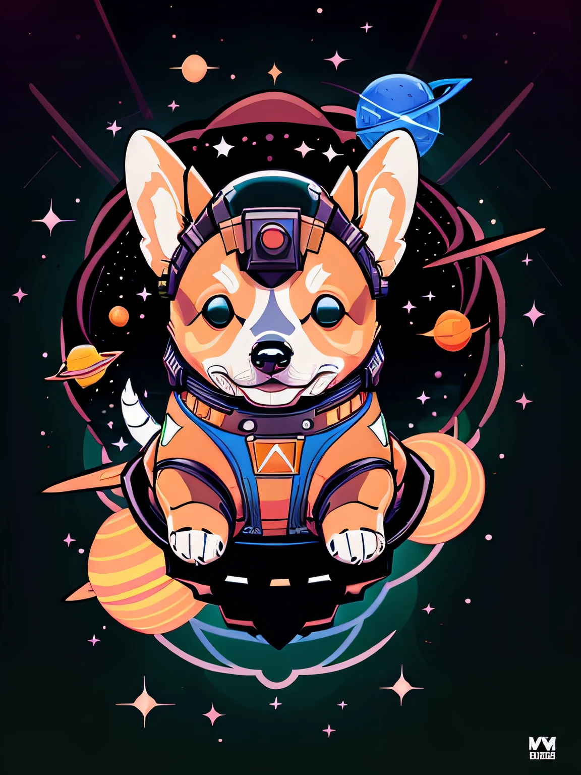 Vector-art of a (corgi wearing an astronaut suit: 1.3) in outer space. The corgi should have a cute and endearing expression (with ultradetailed eyes: 1.2), showing its excitement for the cosmic adventure. The astronaut suit can be adorned with space-themed patches (and a helmet: 1.1) with a reflective visor. Surround the corgi with floating stars, planets, and colorful nebulae over a black background to convey the vastness and beauty of outer space. Use bold and vibrant colors to make the illustration visually appealing and cheerful