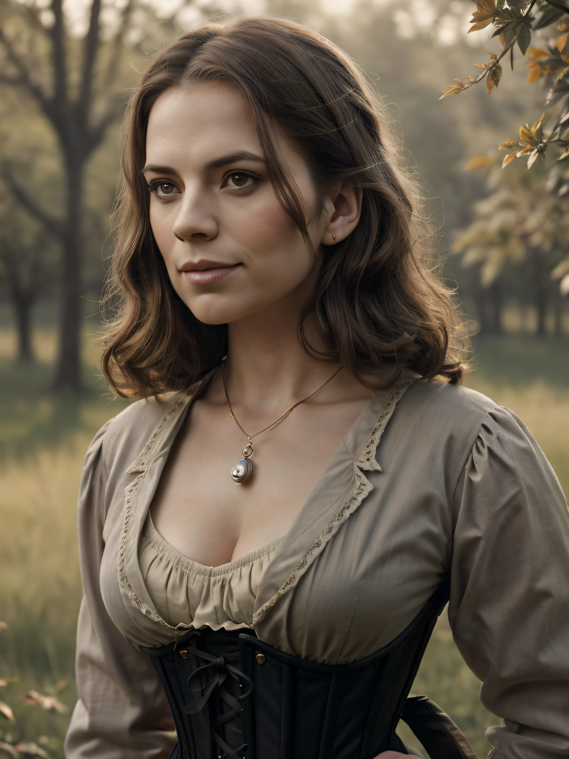 (Thirty year old) woman, standing, wearing a (beige flowing Victorian peasant dress with dark grey under bust corset:1.2), long legs, dreamy photo, looking straight at camera, slight smile, full lips, beautiforchard scene, Apple trees, Victorian gothic, misty, andre kohn, Canon, (Detailed features::1.2), real life. Hayley Atwell, intricate, 8k, highly detailed, (extremely detailed CG unity 8k wallpaper), ((square jaw)), (well defined jaw), (downturned lips), (detailed anatomy), Hyperrealistic full shot body image, trending on CGSociety, Intricate, High Detail, Sharp focus, dramatic, volumetric lighting, digital painting, intense, modelshoot style, (extremely detailed CG unity 8k wallpaper), full shot body photo of the most beautiful artwork in the world, pearl skin, professional majestic oil painting by Ed Blinkey, Atey Ghailan, Studio Ghibli, by Jeremy Mann, Greg Manchess, Antonio Moro, trending on ArtStation, photorealistic painting art by midjourney and greg Rutkowski
