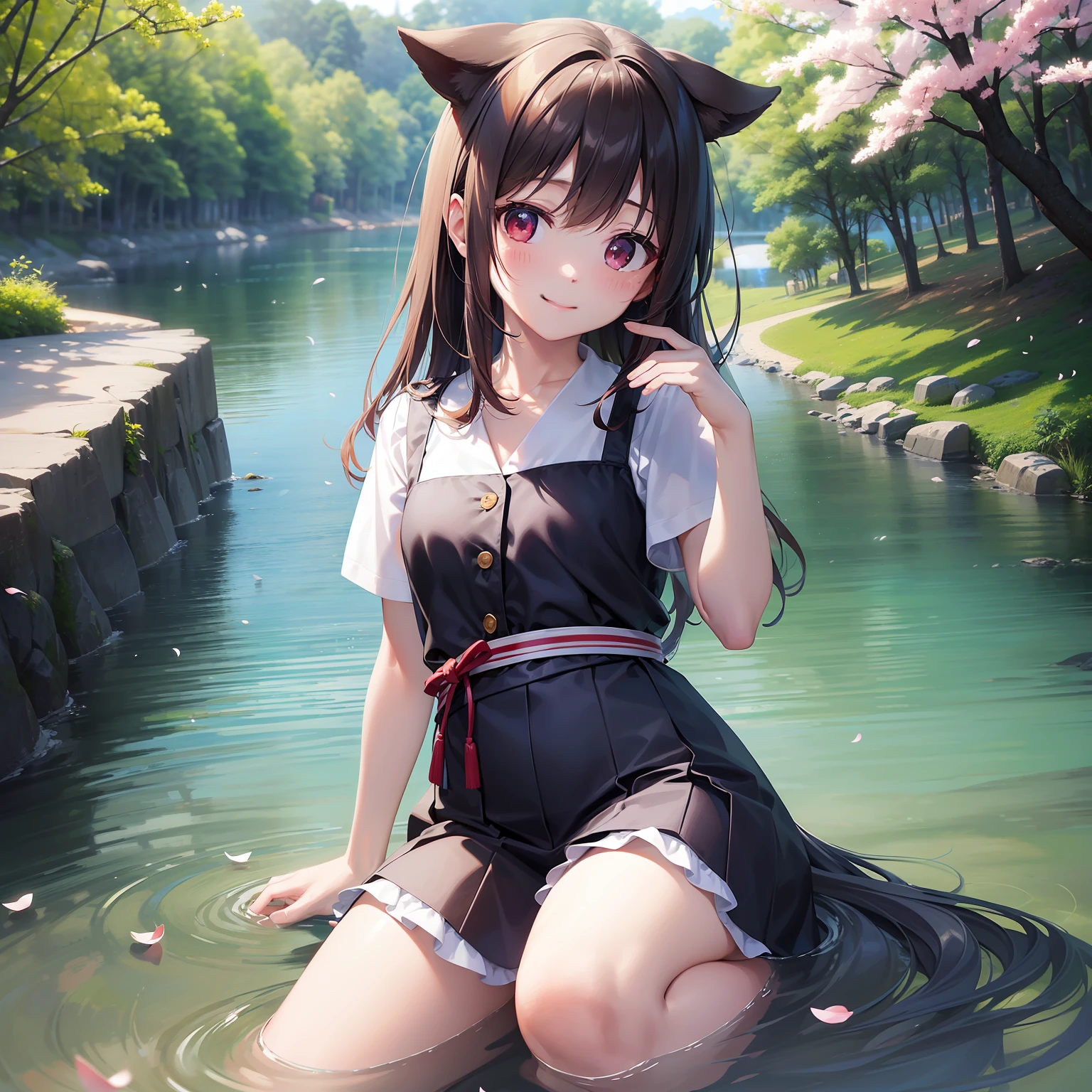 top-quality、超A high resolution、(photoRealstic:1.4)、red blush、cute little、(详细的脸)、Light smile、Looking at the camera、fullbody image、komono、Sunnyday、a river、(cherry trees)、blue-sky