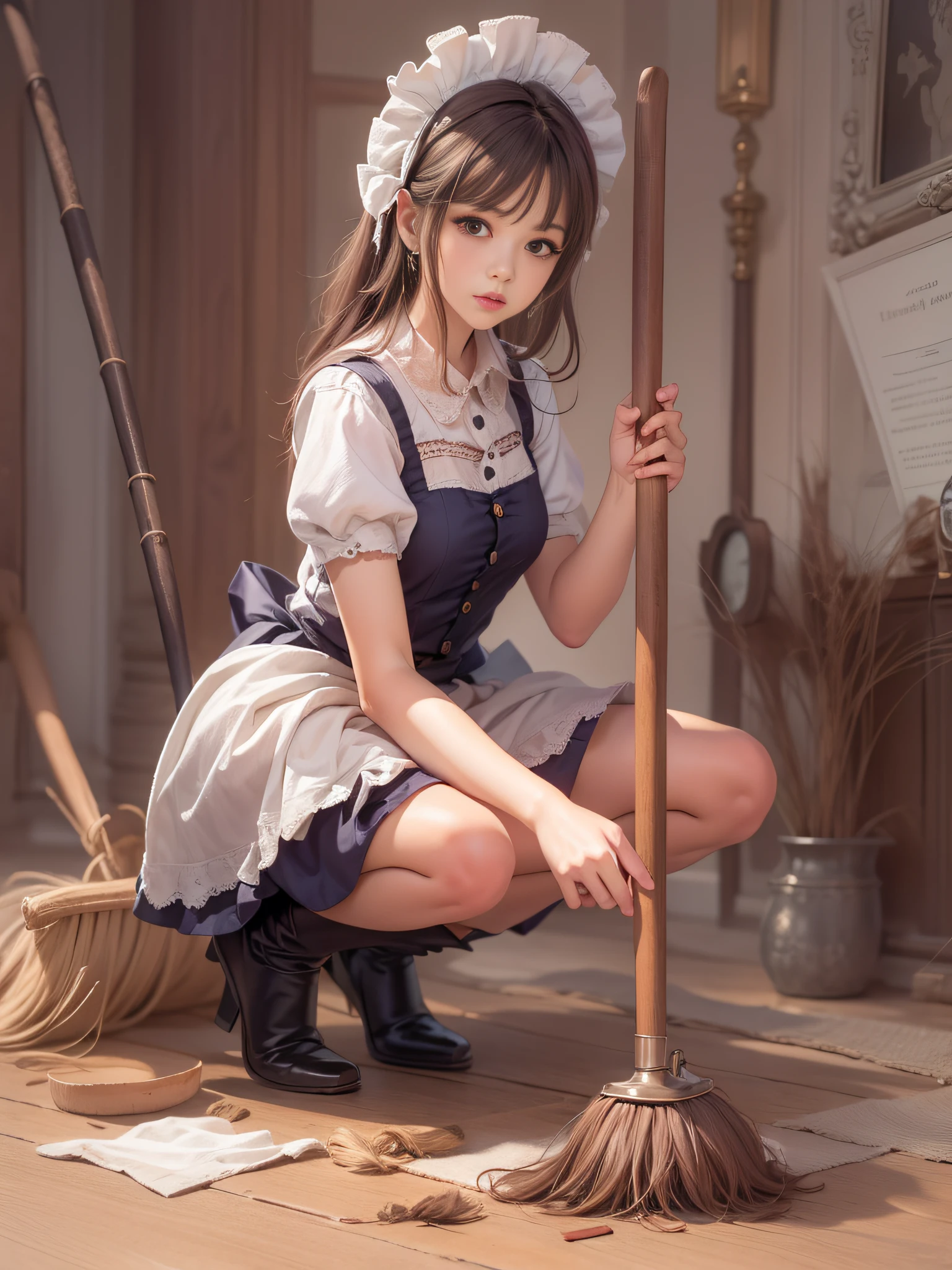 Girl sitting on the floor with a broom and a mop, Girl in maid costume, gorgeous maid, maid clothes, maid dress, Head dress, Girl in maid costume,Ruffled skirt,1girl in, Beautiful girl squatting, Lori, art stations, Clean detail art
