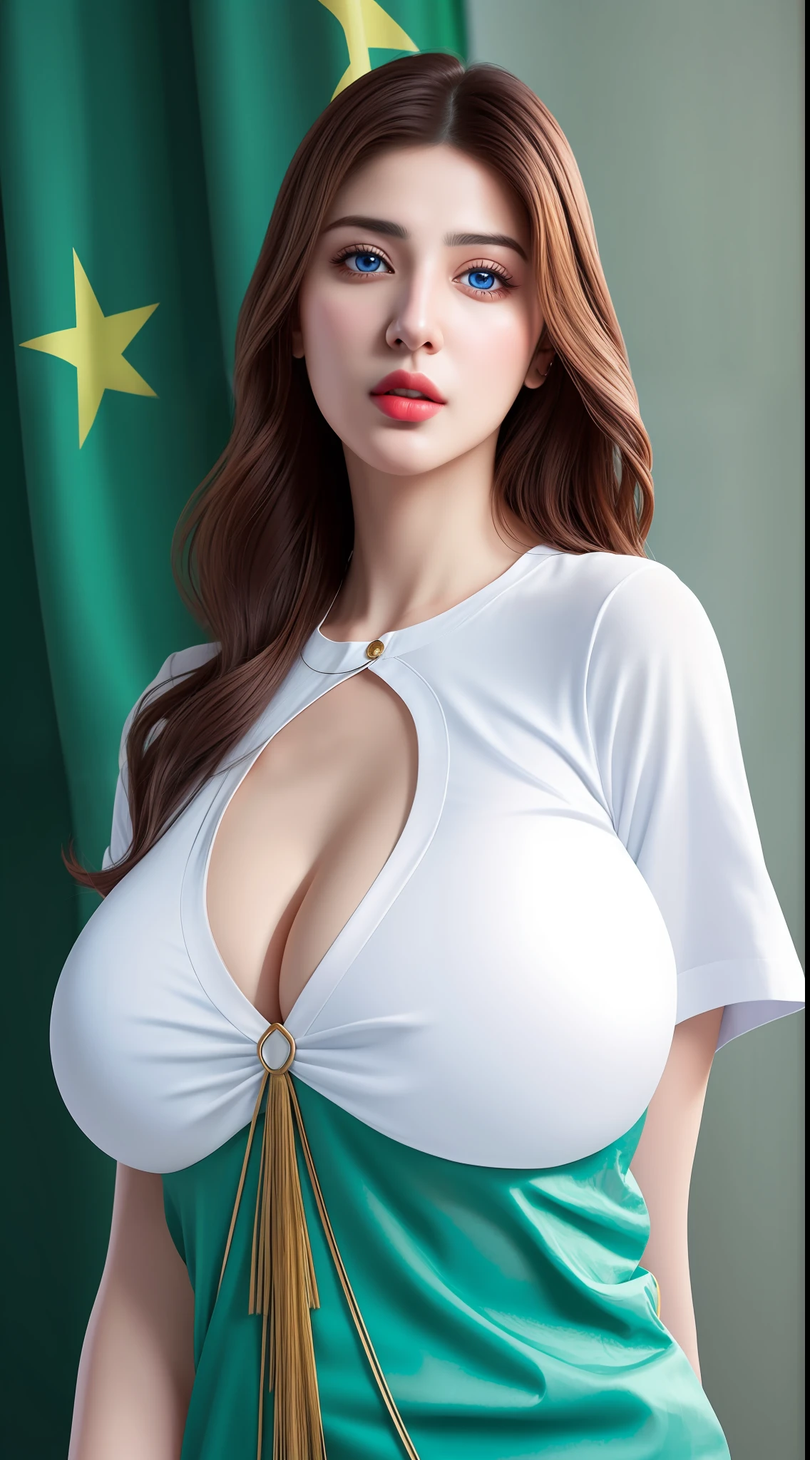 (hyperrealistic), (illustration), (high resolution), (8K), (extremely detailed), (best illustration), (beautiful detailed eyes), (best quality), (ultra-detailed), (masterpiece), (wallpaper), (detailed face), solo, 1 girl, wavy white hair, (beautiful Pakistani woman:1.7), heterochromic eyes, (detailed blue eyes), small moles under the eyes, yoga white t-shirt, yoga pants, (realistic big breasts:1.6), long legs, tight abs, cameltoe, dynamic pose,