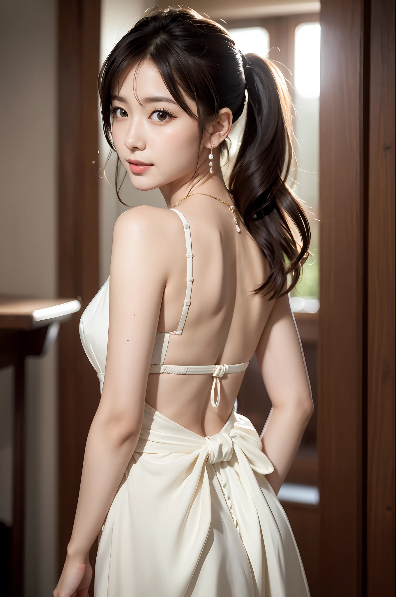 ((addielyn))、Random posture、(extremely delicate and beautiful work)、(masterpiece)、One girl、Highly Detailed Elegant Wedding Dresses、tiarra、A highly detailed、Warped ponytail、A charming expression、Beautiful and clear eyes、Green pupil、delicate necklaces、Delicate earrings、Simple blurry background、Description of extreme details、Beautiful fece、A charming、Ultra-fine painting、delicated face、Delicate figure、thin clavicle、Beautiful lips、Soft back view、mix4、(8K、Raw photography、top-quality、masterpiece:1.2), (reallistic, Photorealsitic:1.37),1girl in,Cute,Cityscape, natta, Sateen, Wetty, Professional Lighting, Photon mapping, Radio City, physically-based renderingt, above waist、乃木坂アイドル、韓国アイドル、hposing Gravure Idol、女優、