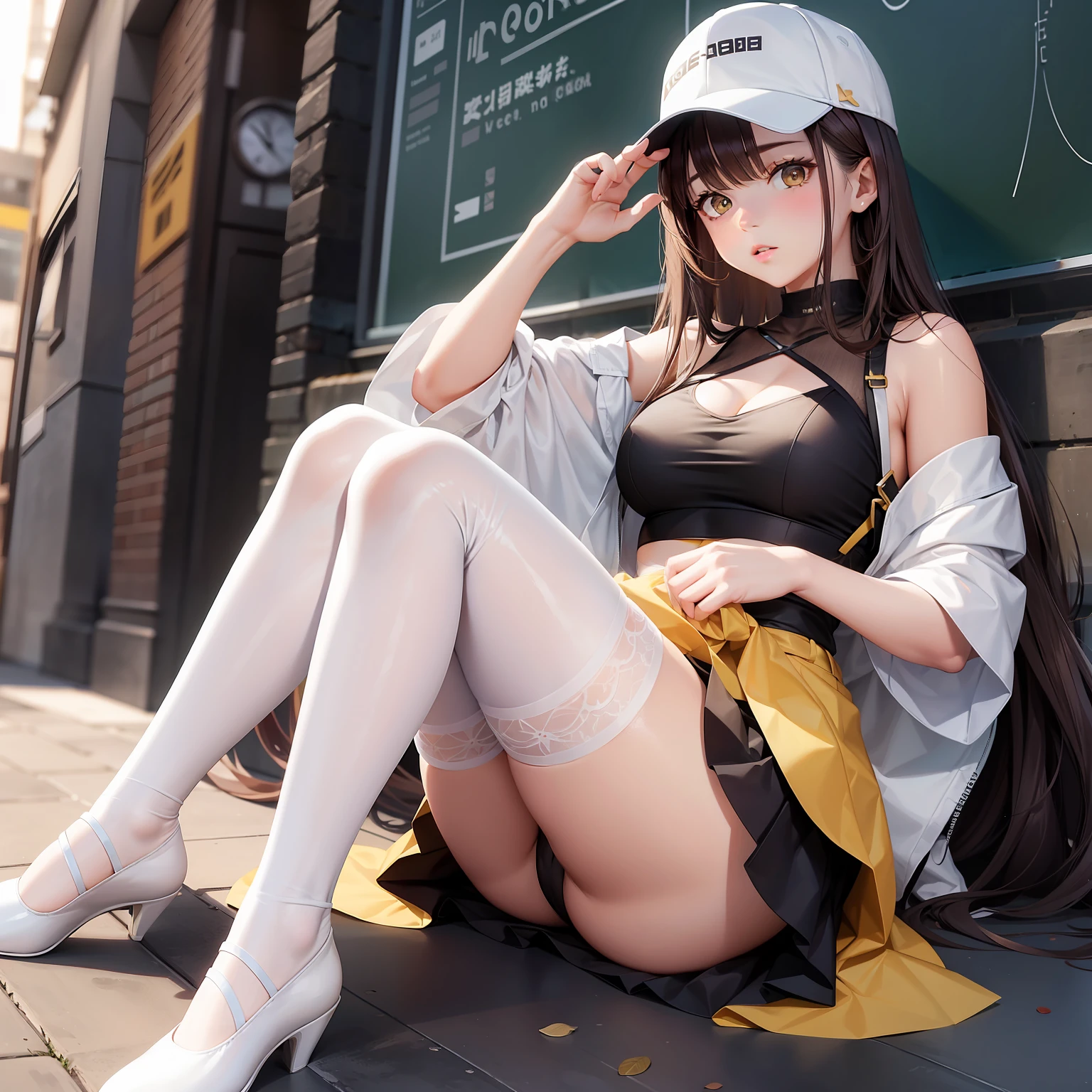 JK,brunette color hair,White stockings over the knee,Long hair to the waist,hair straight,short skirt,Whole body diagram,He wears a goose-yellow cap,C cup