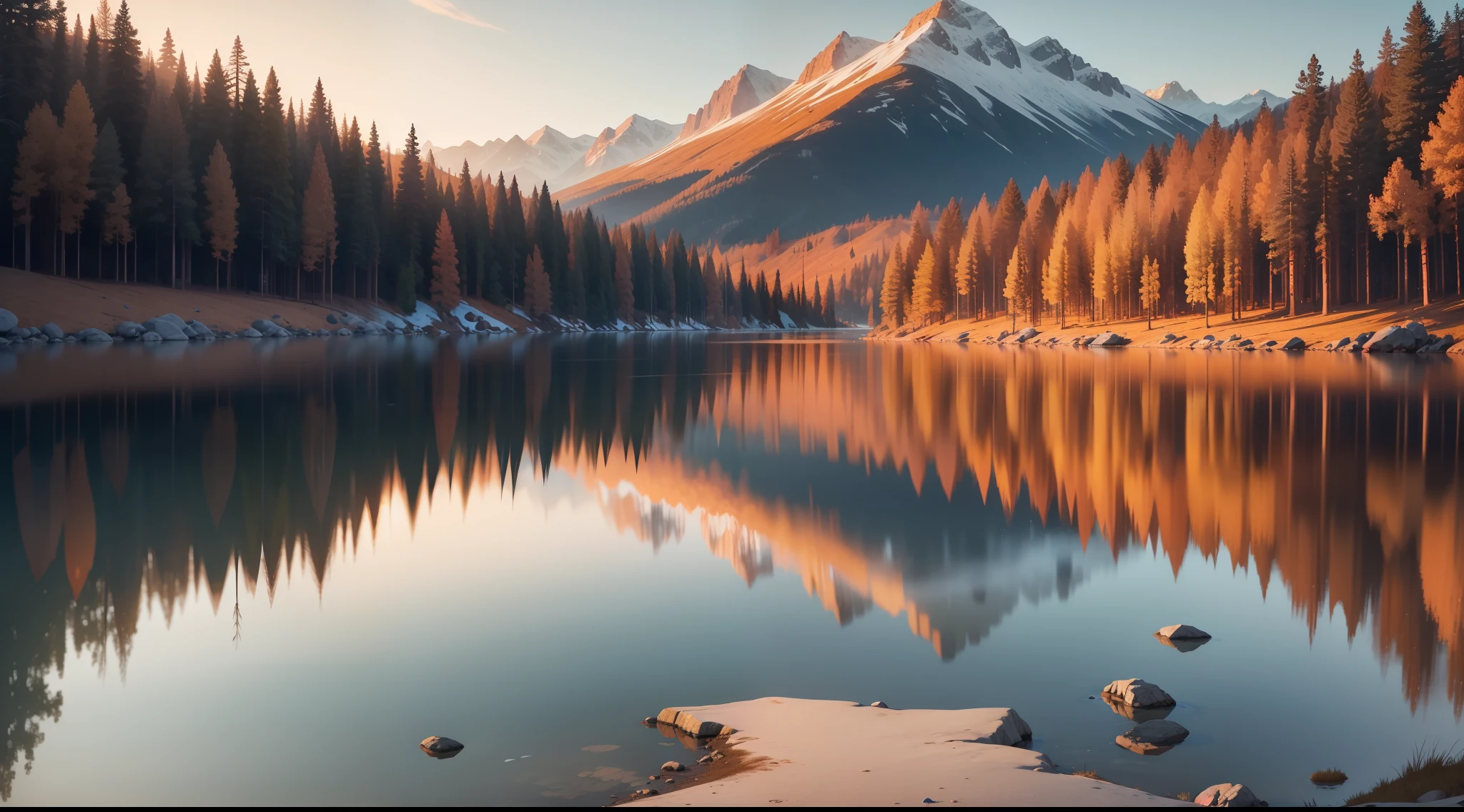 The trees are reflected in the water of a lake in the mountains, cena quente e bonita, Nascer do Sol do Outono Luz Quente, Marcos Adamus, majestosa paisagem natural, natural landscape beauty, sunny amber morning light, golden morning light, Natureza Bonita, autumn sunset, papel de parede bonito, brilho dourado, at sunset in autumn, paisagem lindamente iluminada, banhado em luz dourada, luz do nascer do sol, tranquilidade de outono +----high detailed, 8k, upscaled, unreal engine 5 rendering, high quality coloring, high quality, extreme detail, 4k, ultra hd.