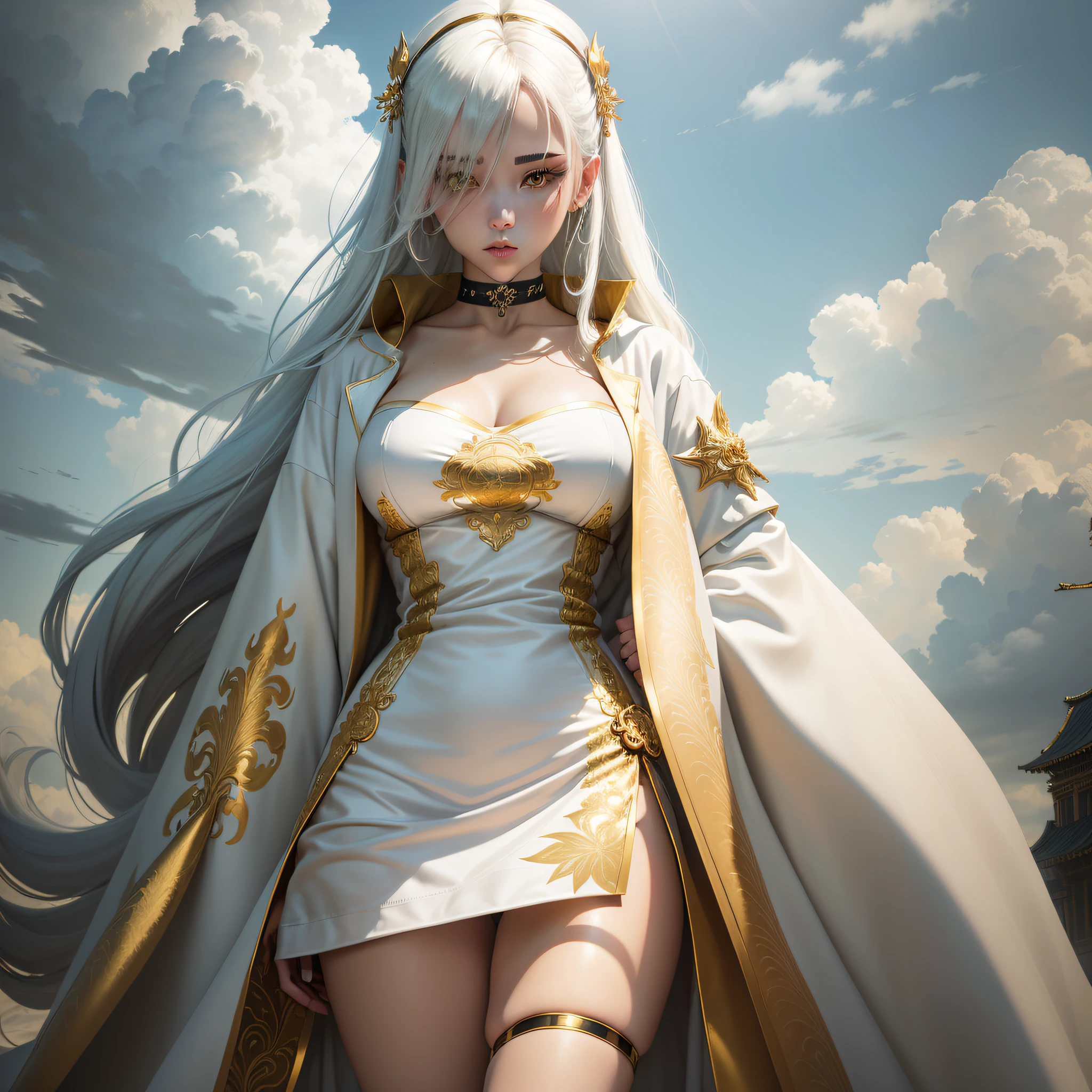 (masterpiece), (looking at pov), golden katana, (oversized clothes:1.2), miniskirt, ((white clothes)), choker, (bandaged hands), (white coat with ornate golden embroidery, golden embellished), (white hair, golden streaks on hair), yellow eyes, thigh strap, (golden structures), (clouds), add_detail:1, hair over eyes, hair over one eye