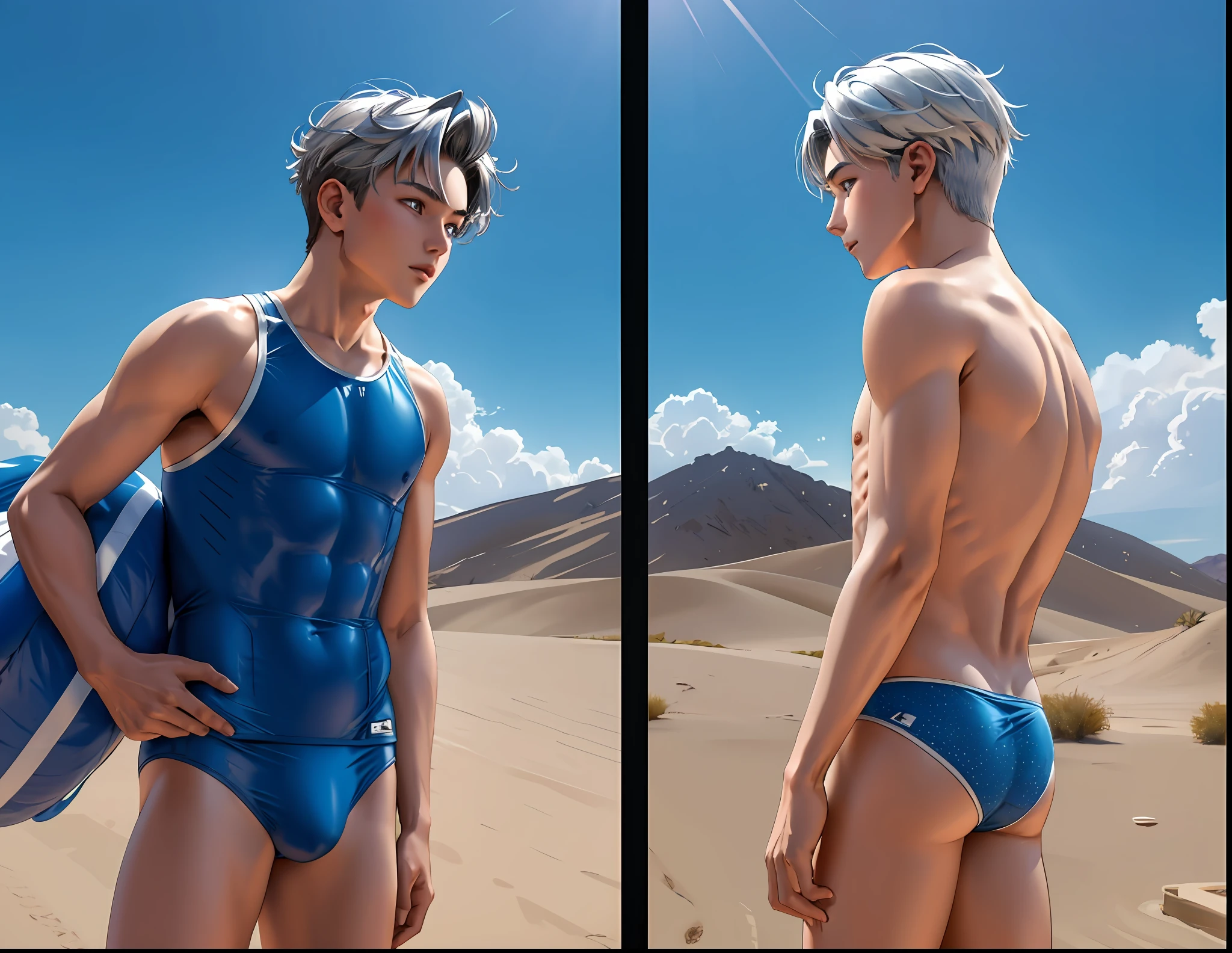 14 and , Two cute silver-haired brothers aged 14 and 15 argue in the middle of the desert in blue male swimsuit
