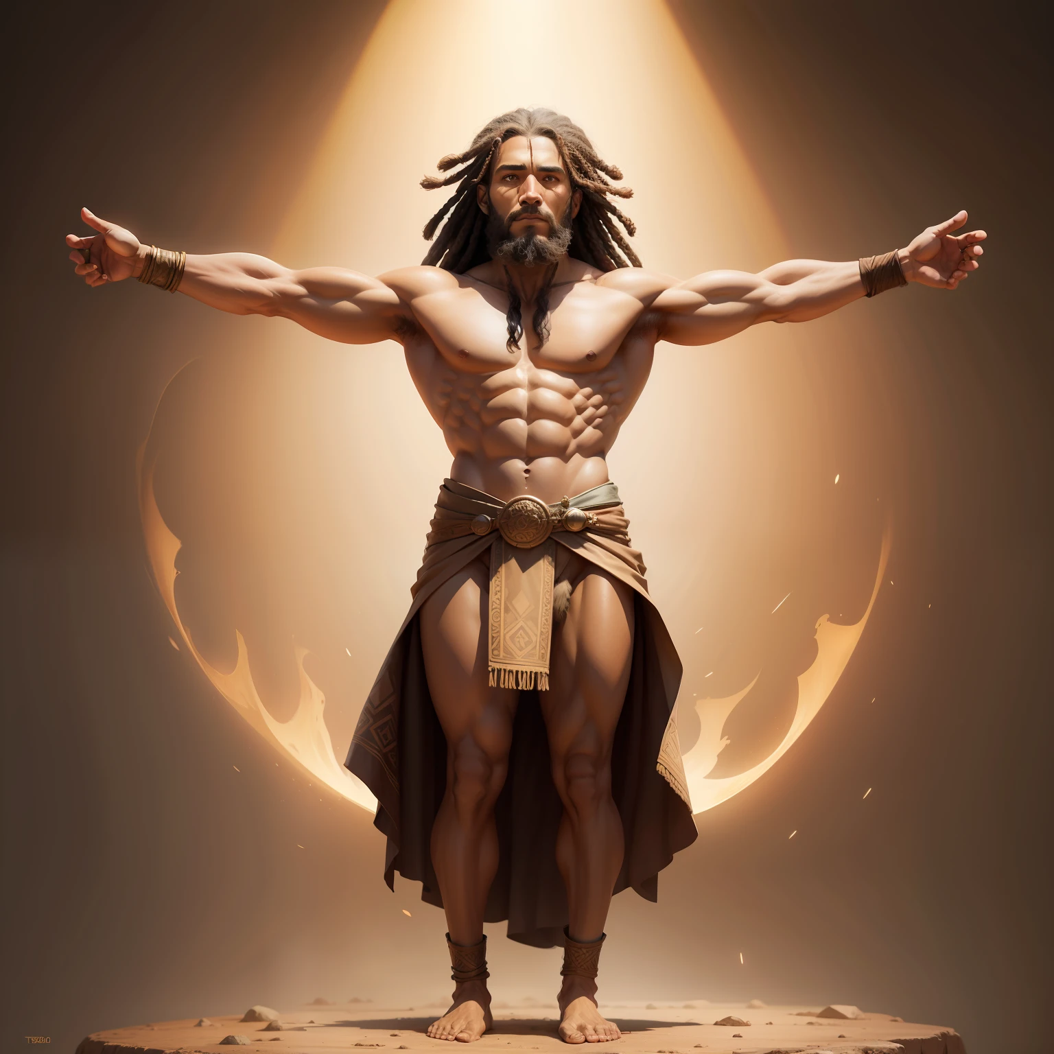 t-pose Ancient man, in the year 1000 BC light brown skin, symmetrical, full body, spread arms, front view