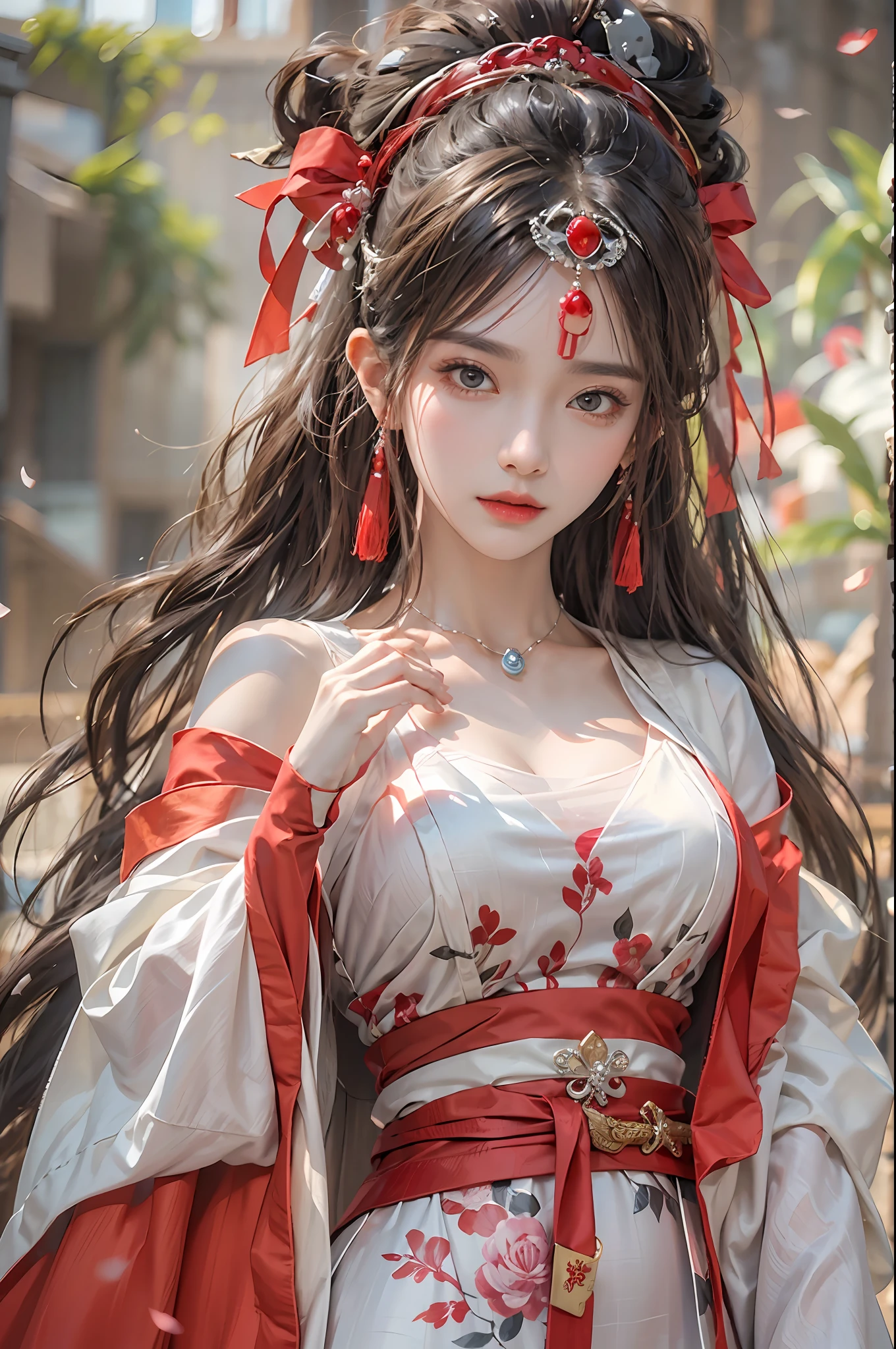 photorealistic, high resolution, 1 women, solo, hips up, beautiful eyes, long hair, red wedding hanfu, red dot on forehead chinese, gorgeous accessories, wearing pearl earrings