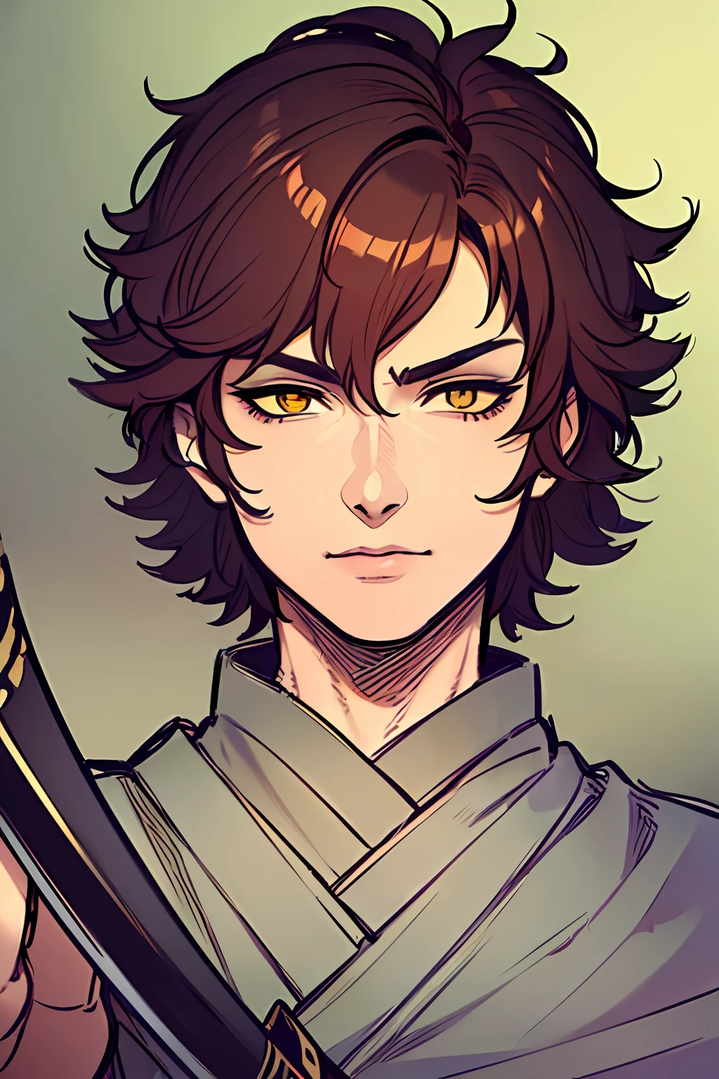 (((masterpiece, best quality, ultra-detailed))), (sketch),(detailed perfect faces), (detailed expressive eyes), 1boy, ((Ookurikara:1.1) \(Touken Ranbu\), (short red hair), yellow eyes, (eyeliner:1.2)) 1boy in a kimono, holding a katana