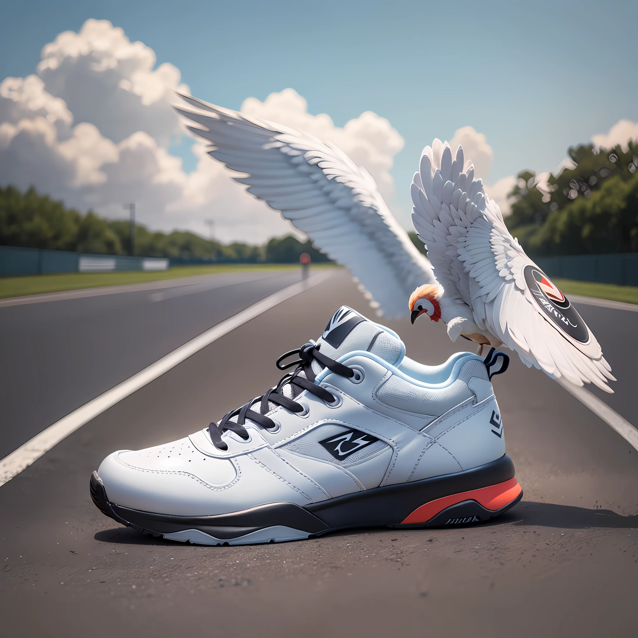 A high-quality sneaker with big white wings on the sides, flying on a well-designed asphalt. The sneaker is white with black accents, and has red laces. The wings are white and feathered. The asphalt is gray and very clean. The sky is blue and has few clouds. Tennis is featured in the image, and is being lit by the sun. The image is of high quality and the details are clear. The image is inviting and captivating. No person details. --auto --s2