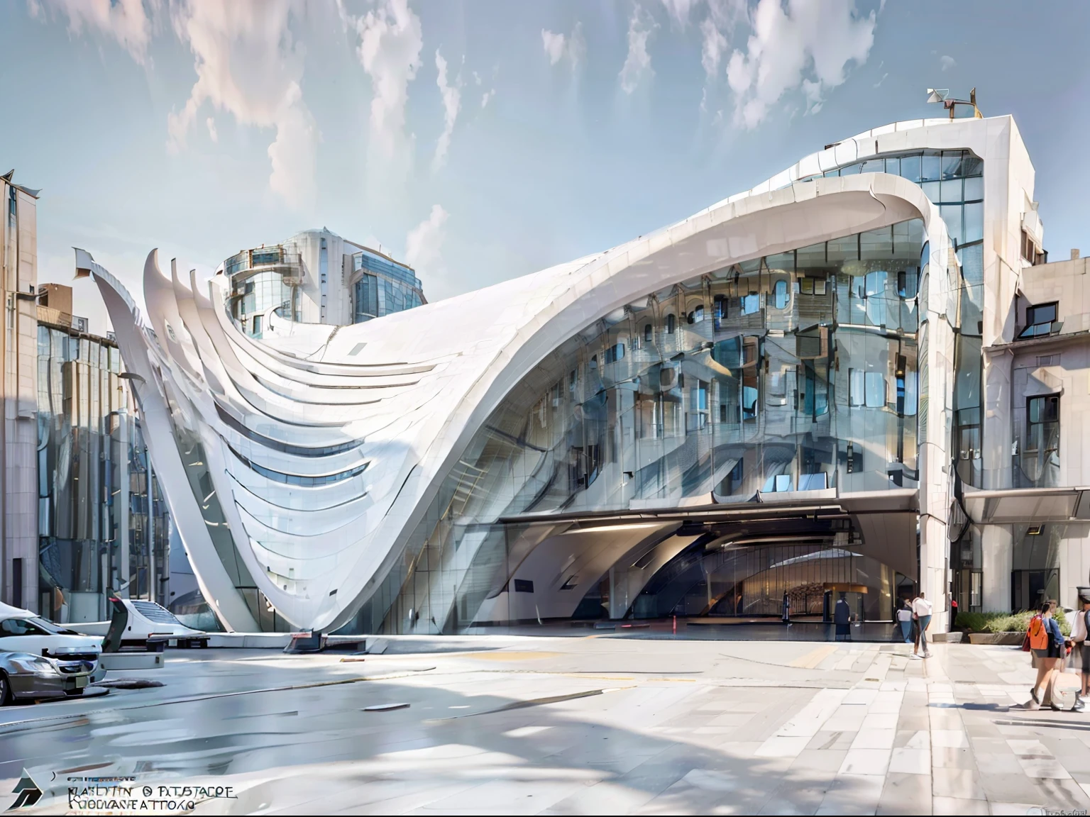 railway station architecture, symmetry，Facades，Facade front，Santiago Calatrava, The two-story façade is transparent，(high detail, photo realistic:1.2)