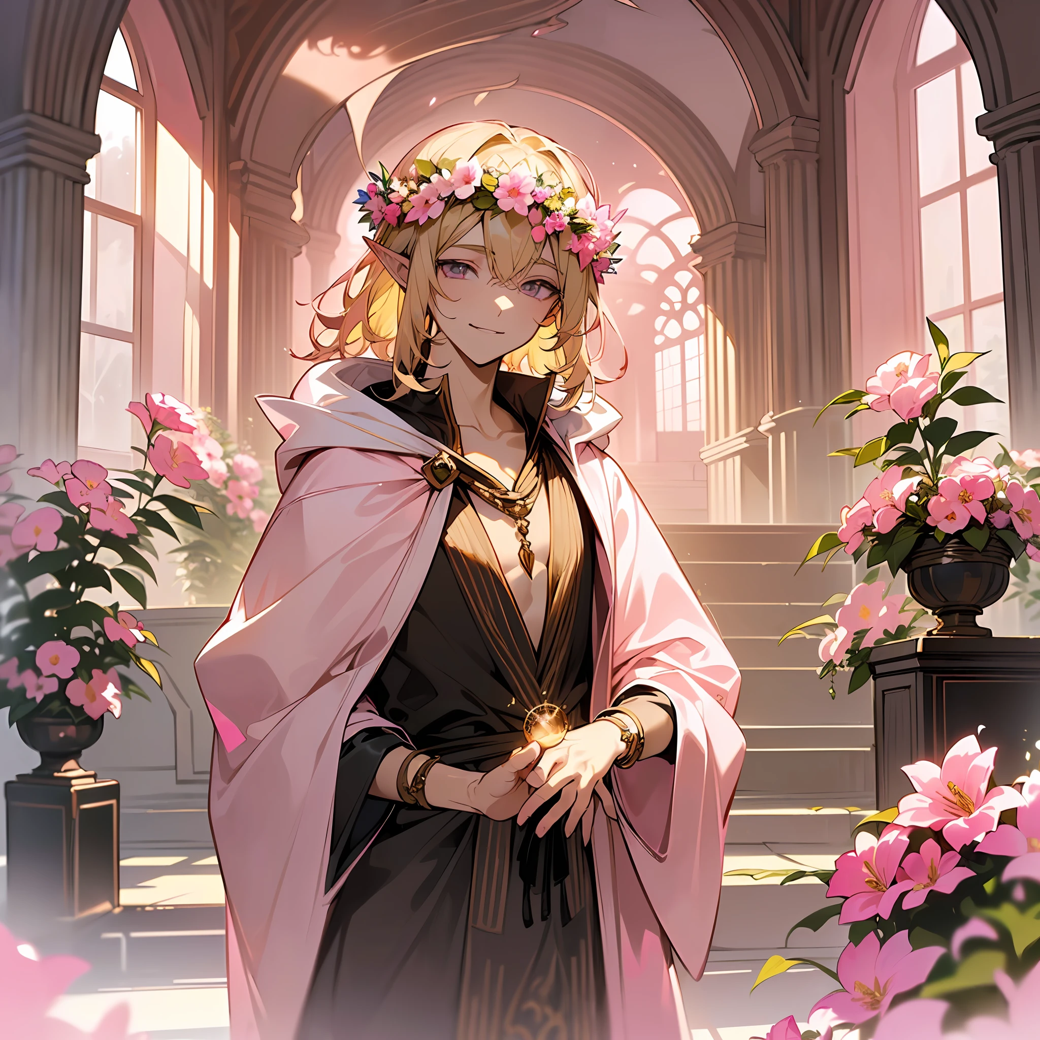 one young man, twink, (((male))), (((man))), (((one person))), (((single))), (((solo))), (((very light blonde hair))), (((light blonde colored hair))), (((very light blonde colored hair))), (((pink colored eyes))), (medium short hair), (chin-length hair), wavy hair, slim body, ((flat chest)), (((fantasy style))), (((wearing flowers in his hair))), flowercrown, ((pointy ears)), (((light pink colored eyes))), ((light pink colored eyes)), (light pink colored eyes), (standing inside a fantasy palace), (sunlight falling in through big detailed windows), room is decorated with a few flowers in bottles, few flowers in vases, (((wearing sorcerer robes))), (((fantasy outfit))), smiling, (((casting a spell))), ((magic)), (((sorcerer))), detailed robes