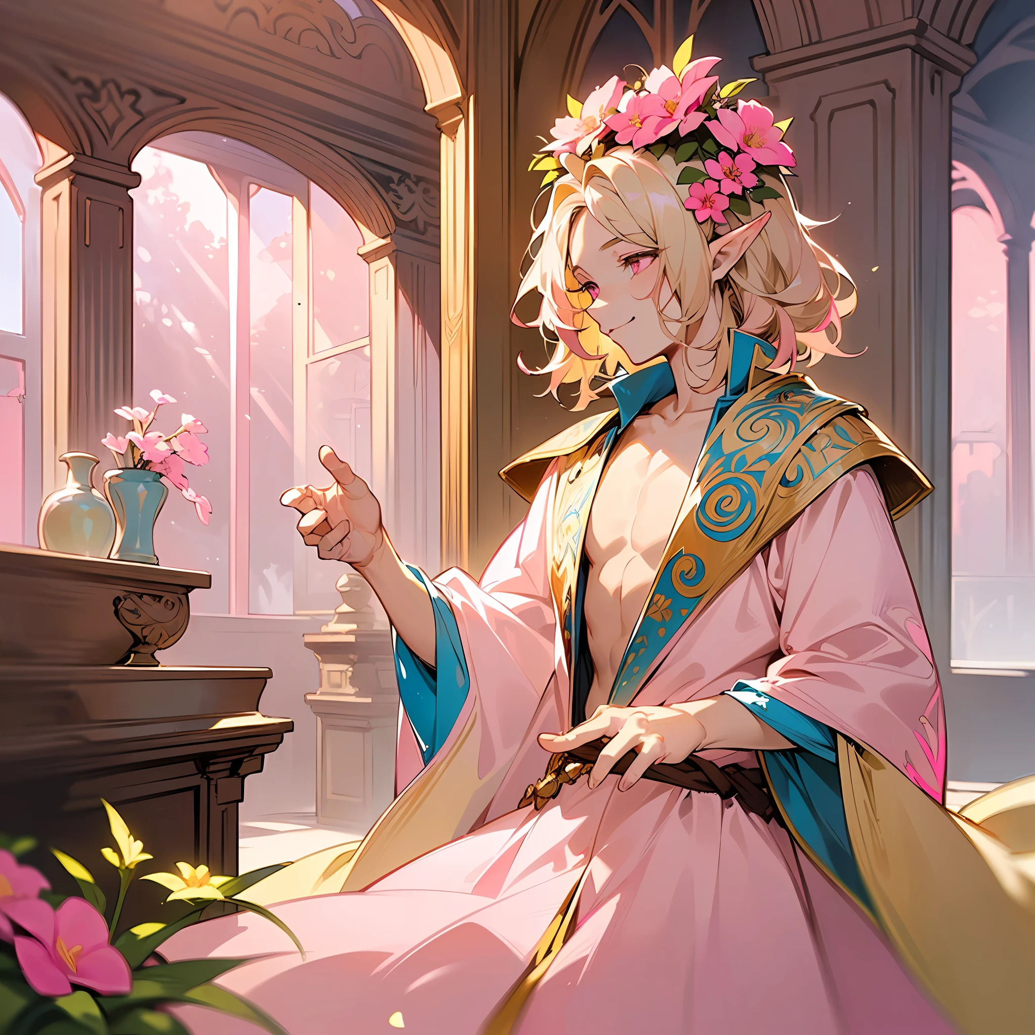 one young man, twink, (((male))), (((man))), (((one person))), (((single))), (((solo))), (((very light blonde hair))), (((light blonde colored hair))), (((very light blonde colored hair))), (((pink colored eyes))), (medium short hair), (chin-length hair), wavy hair, slim body, ((flat chest)), (((fantasy style))), (((wearing flowers in his hair))), flowercrown, ((pointy ears)), (((light pink colored eyes))), ((light pink colored eyes)), (light pink colored eyes), (standing inside a fantasy palace), (sunlight falling in through big detailed windows), room is decorated with a few flowers in bottles, few flowers in vases, (((wearing sorcerer robes))), (((fantasy outfit))), smiling, (((casting a spell))), ((magic)), (((sorcerer))), detailed robes