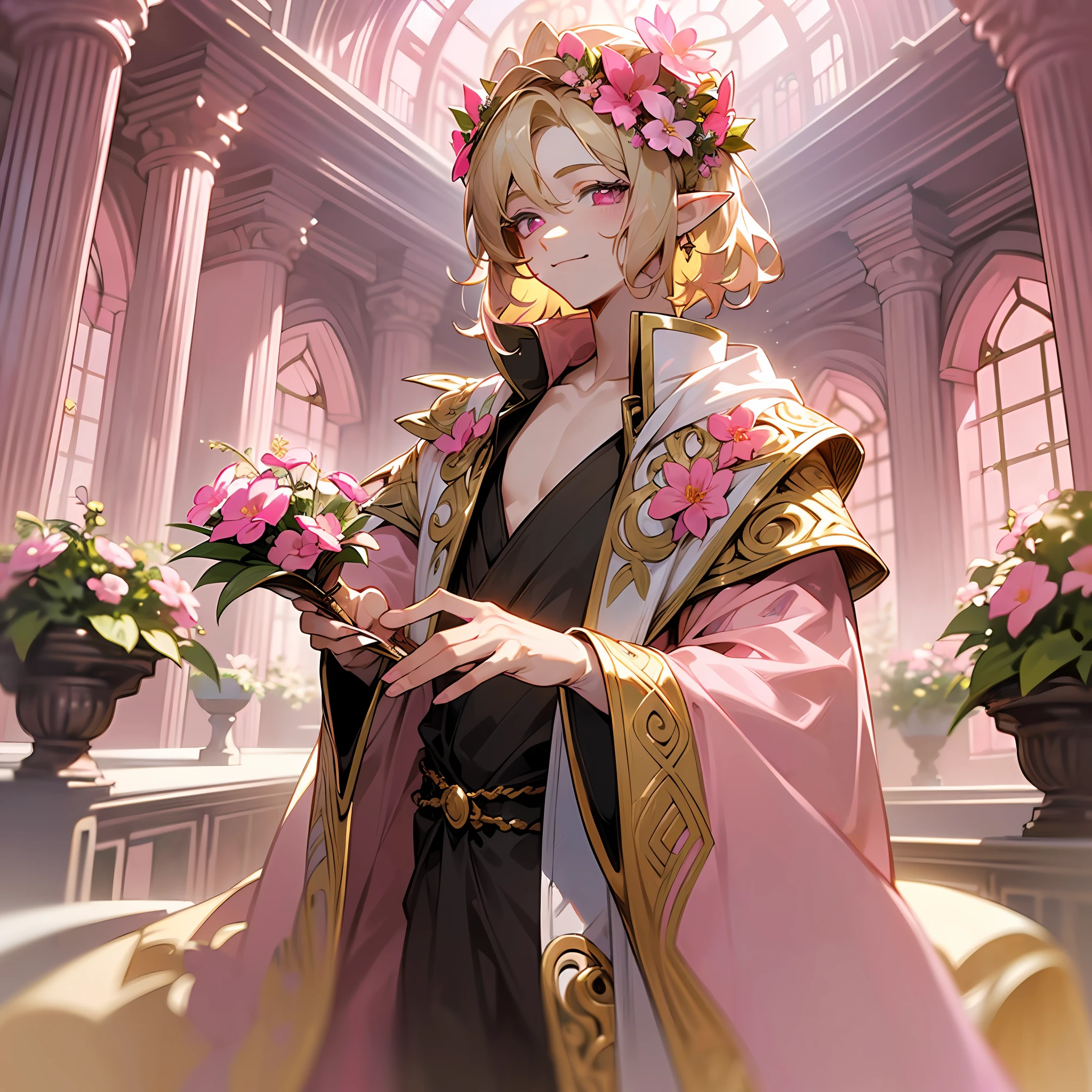 one young man, twink, (((male))), (((man))), (((one person))), (((single))), (((solo))), (((very light blonde hair))), (((light blonde colored hair))), (((very light blonde colored hair))), (((pink colored eyes))), (medium short hair), (chin-length hair), wavy hair, slim body, ((flat chest)), (((fantasy style))), (((wearing flowers in his hair))), flowercrown, ((pointy ears)), (((light pink colored eyes))), ((light pink colored eyes)), (light pink colored eyes), (standing inside a fantasy palace), (sunlight falling in through big detailed windows), room is decorated with a few flowers in bottles, few flowers in vases, (((wearing sorcerer robes))), (((fantasy outfit))), smiling, (((casting a spell))), ((magic)), (((sorcerer))), detailed robes