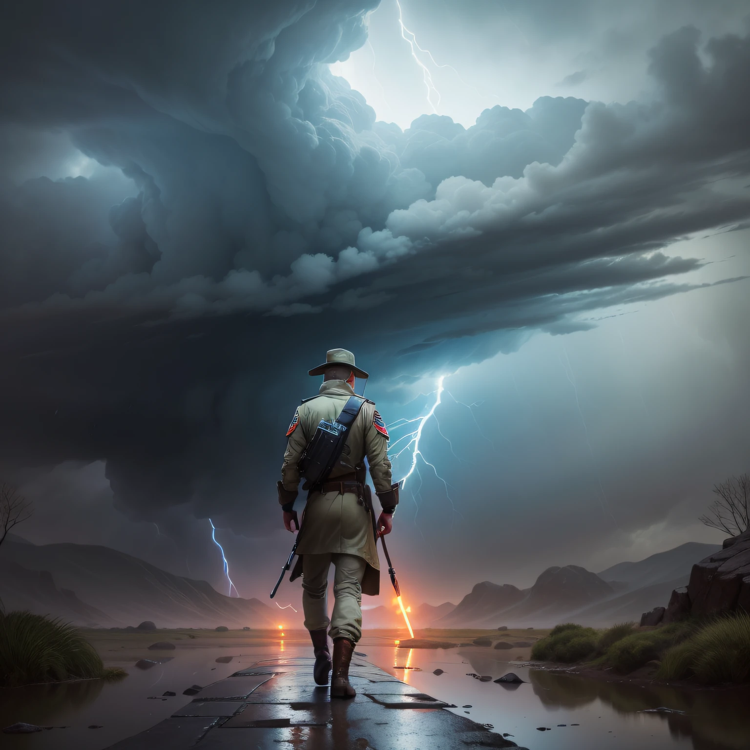 a soldier of fortune walk alone in thunder storm