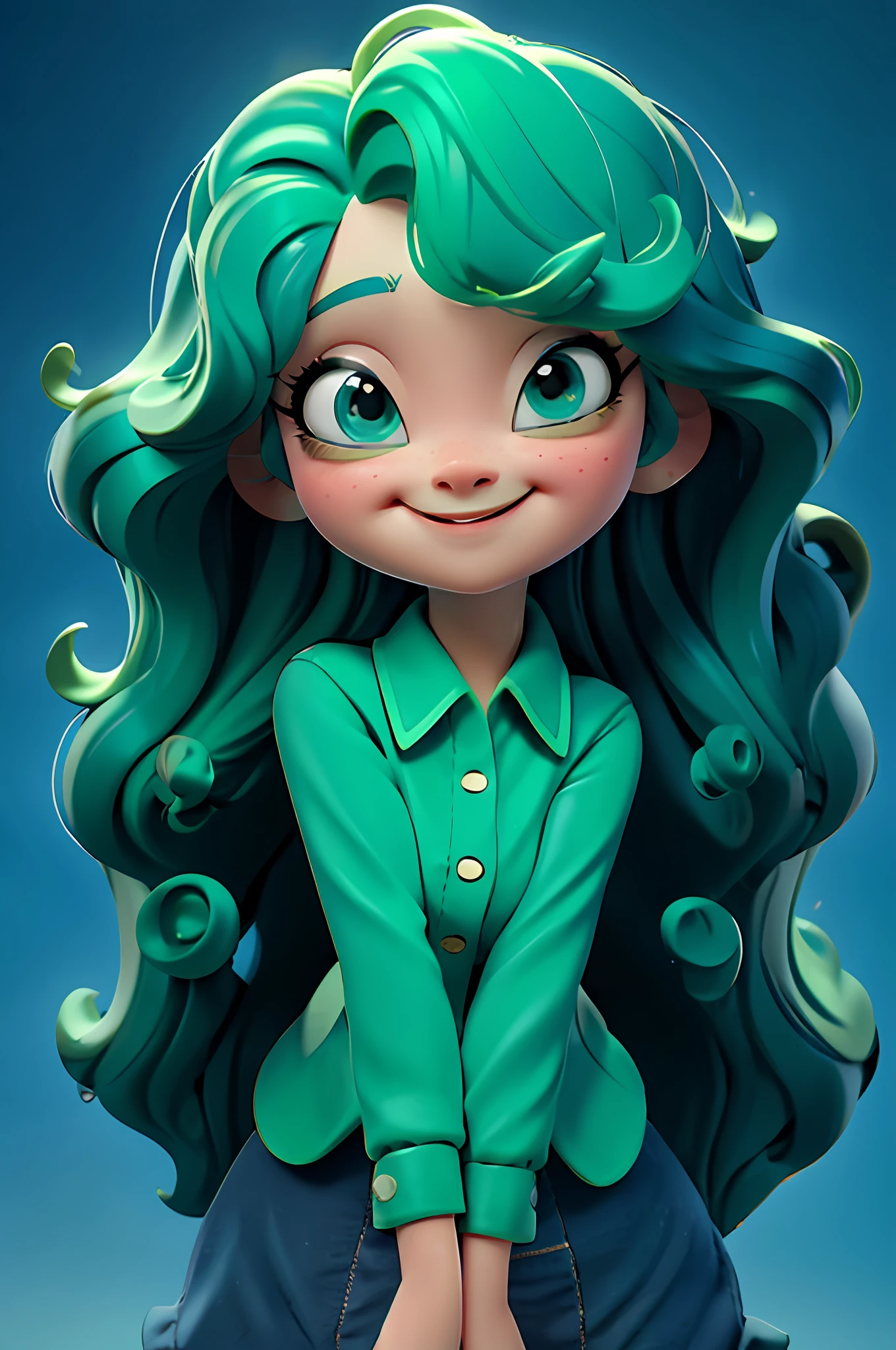 A cute girl with curly hair, wear berets, solid round eyes, long eyelashes, green hair, smile, open mouth, light blush, blue sky, blind box toy style, pixar, masterpiece, high quality, high detail, 8K