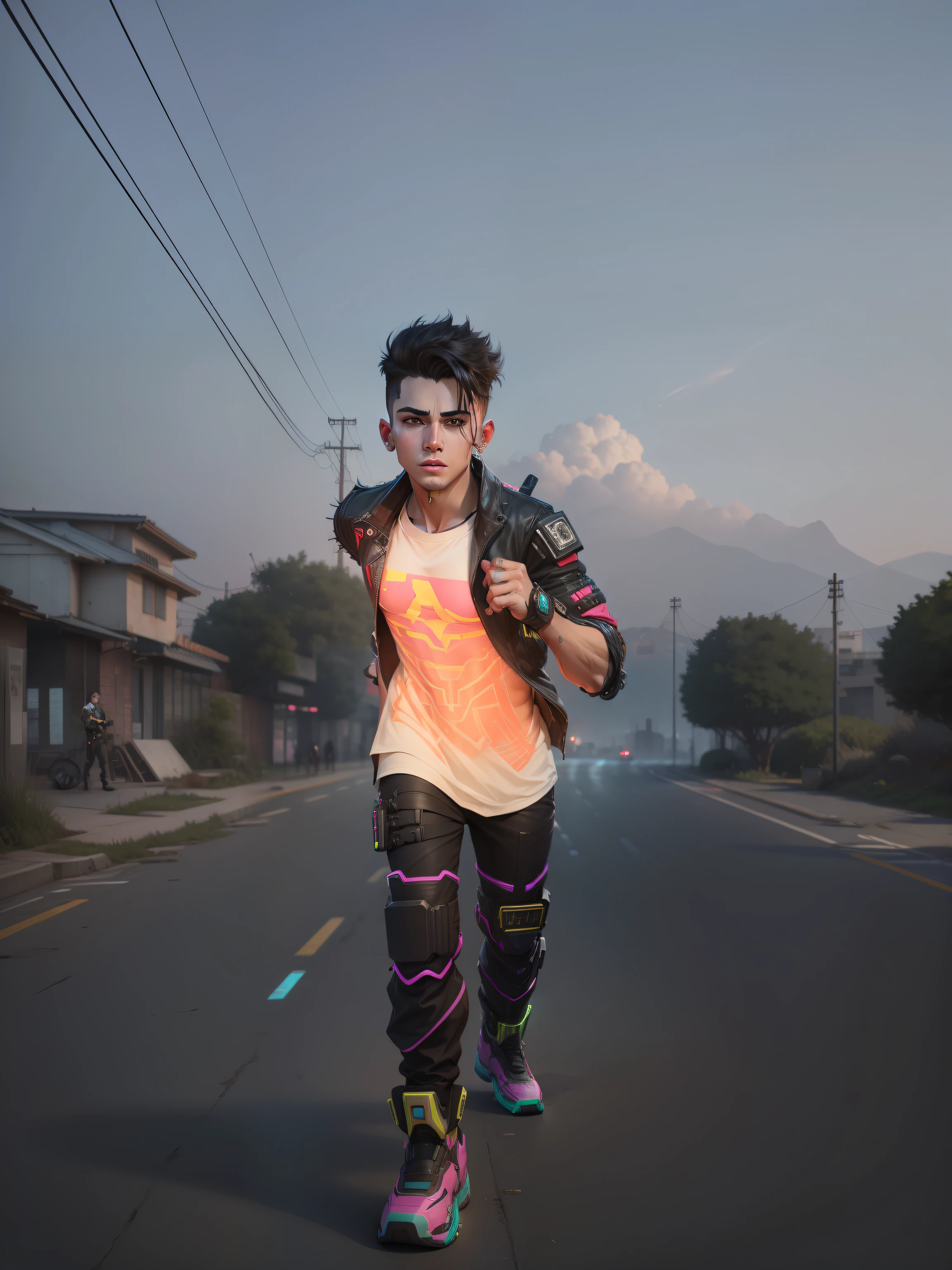 Change background cyberpunk handsome boy, realistic face, 8k, ultra realistic,
and
with