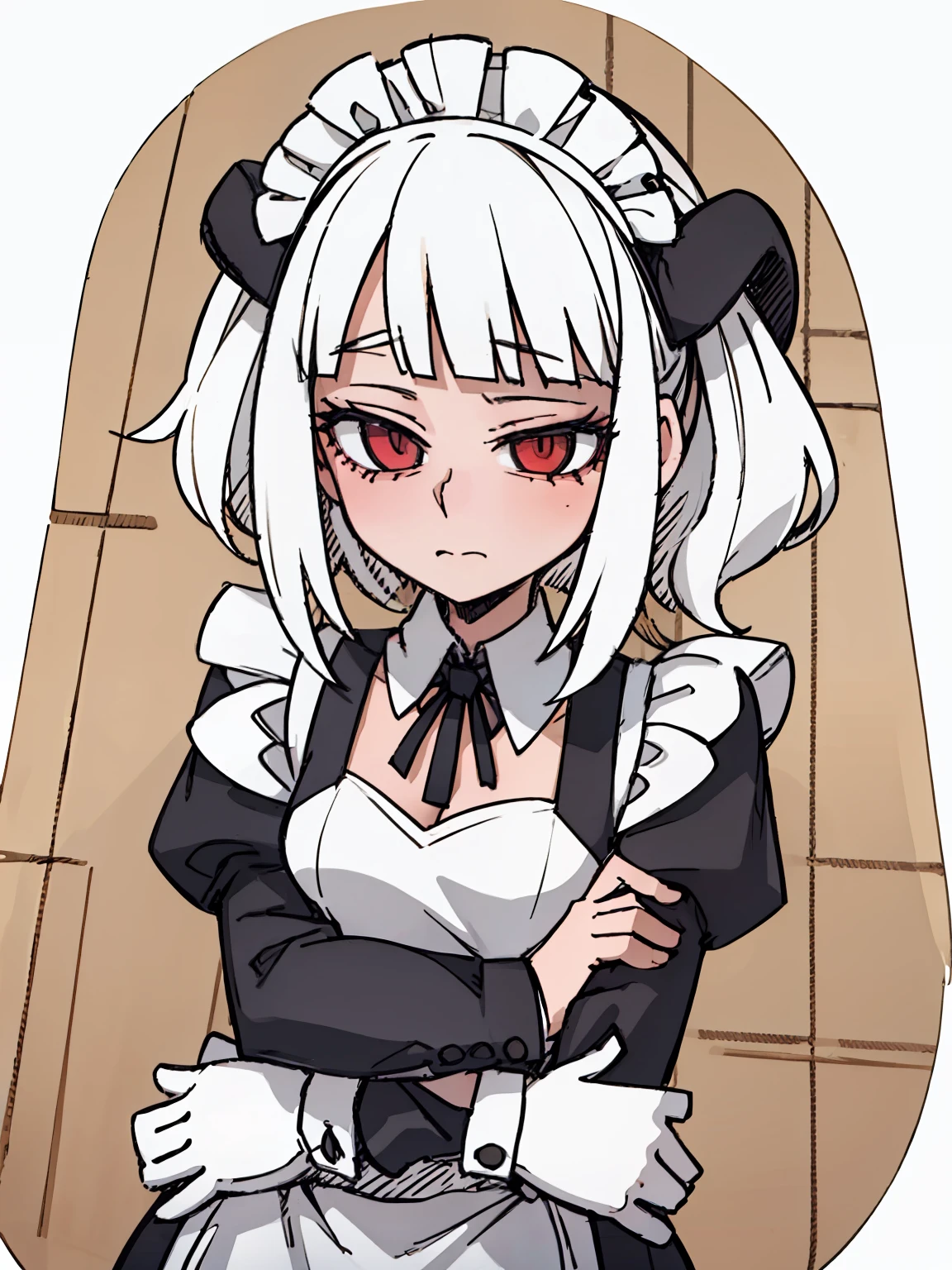 A girl frontal,(,(A half body),(Long curly white hair),(the maid outfit)),Young, White background