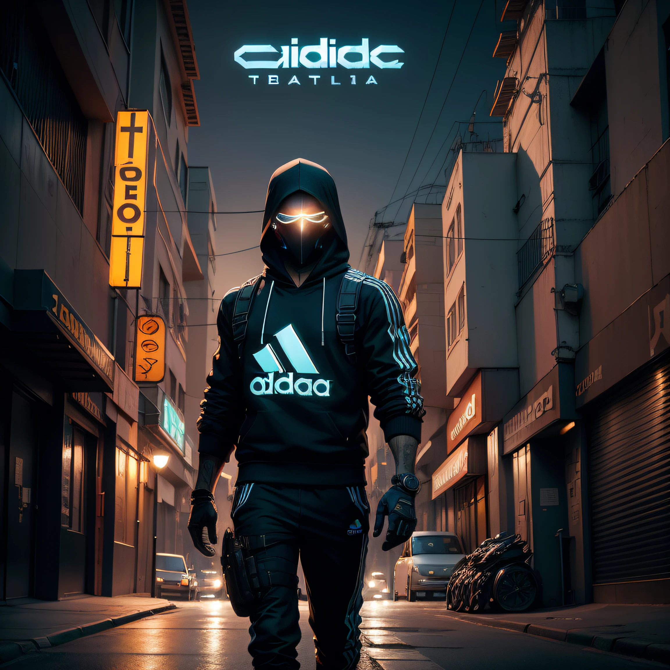Cartel futurista con el logo de adidas en backlight, luz blanca en una calle de una ciudad de noche oscura, neon, en estilo steampunk, con cables, partes mecanicas, retro, cartel luminoso, noche, realista, fotografico, alto detalle, fotorealista