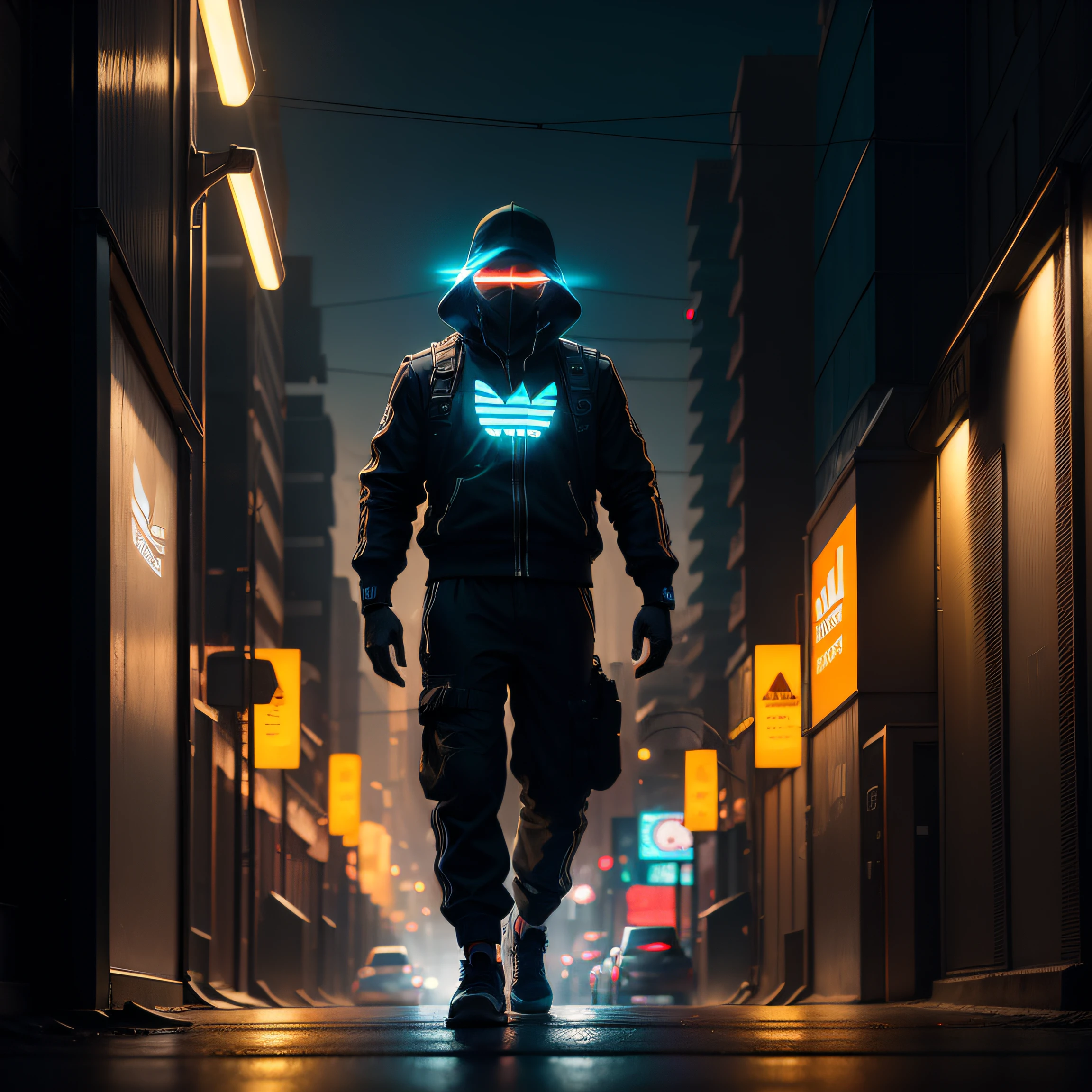 Cartel futurista con el logo de adidas en backlight, luz blanca en una calle de una ciudad de noche oscura, neon, en estilo steampunk, con cables, partes mecanicas, retro, cartel luminoso, noche, realista, fotografico, alto detalle, fotorealista