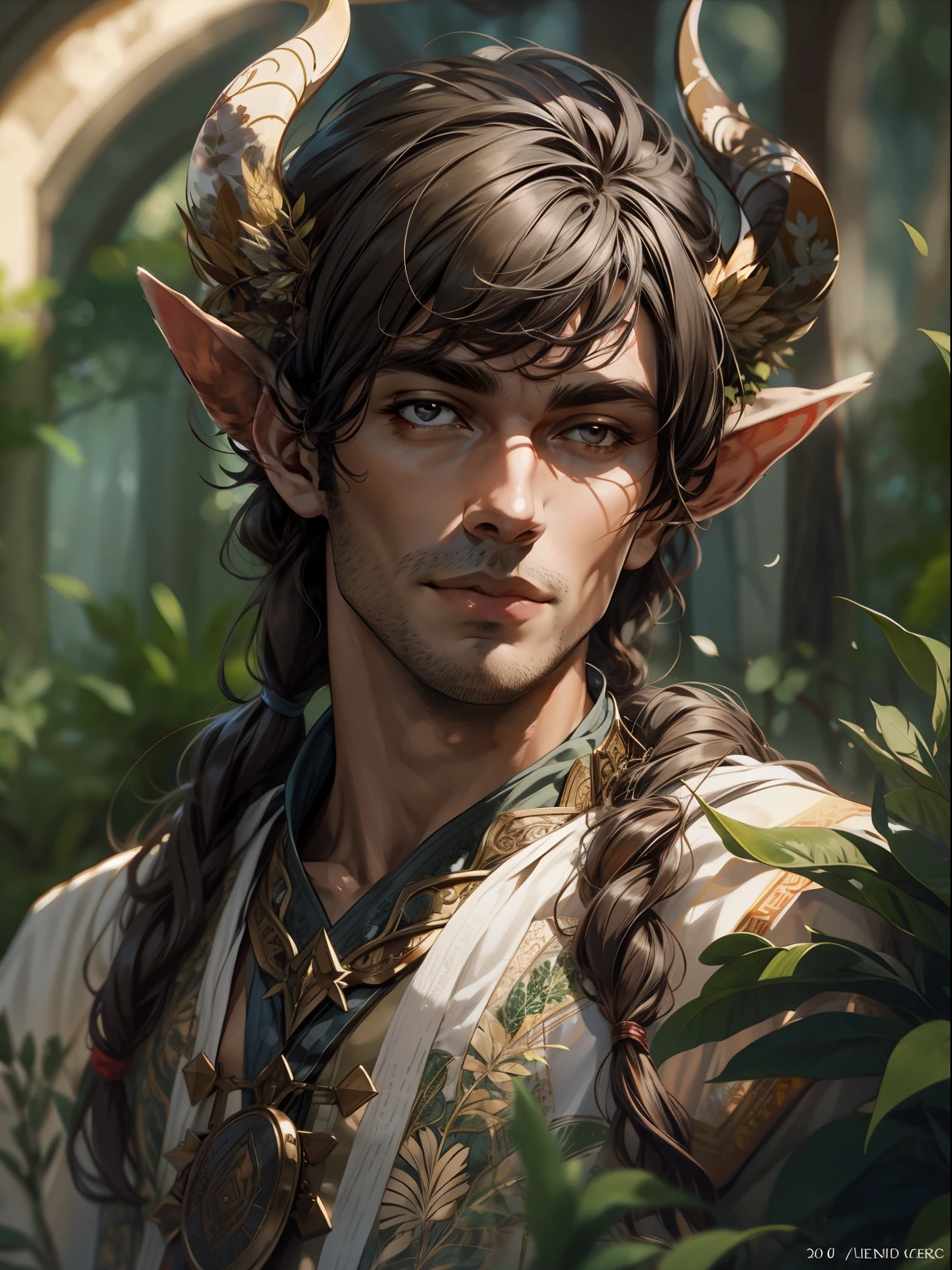 capa de desenho, A very handsome faun druid with white eyes and a tunic with an acacia pattern, loyal expression, intensidade de close-up, master part, best quality, ultra-detalhado, beautiful cinematic lighting, detalhes intrincados, Olhando para o Viewer, Profundidade de campo-AR 2:3-s 200