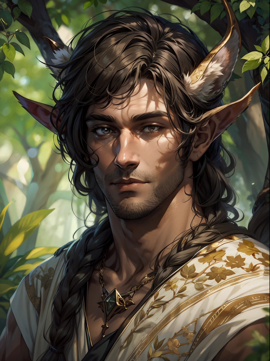 capa de desenho, A very handsome faun druid with white eyes and a tunic with an acacia pattern, loyal expression, intensidade de close-up, master part, best quality, ultra-detalhado, beautiful cinematic lighting, detalhes intrincados, Olhando para o Viewer, Profundidade de campo-AR 2:3-s 200