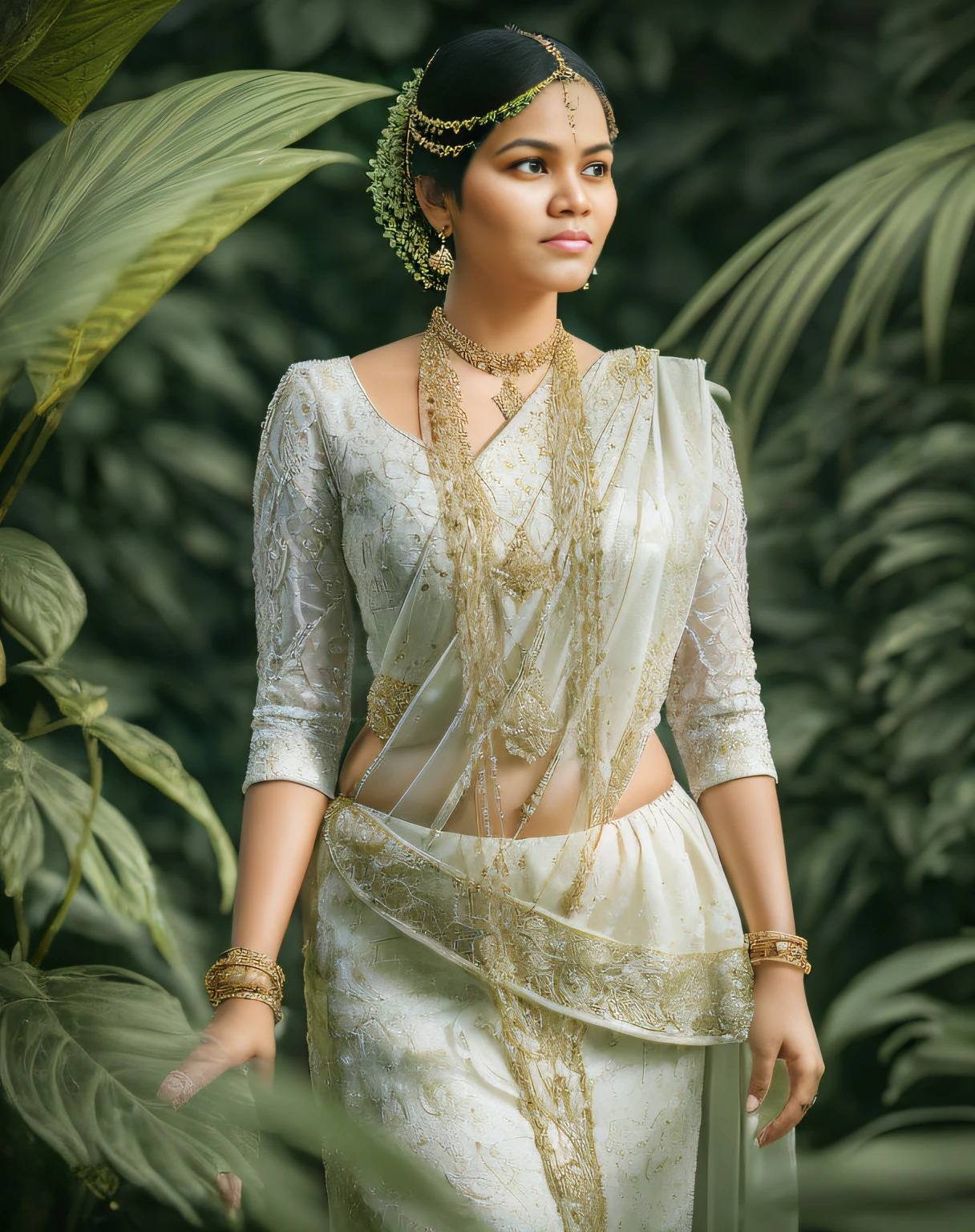 fashion photography portrait of indian girl with black hair, in lush jungle with flowers, 3d render, cgi, symetrical, octane render, 35mm, bokeh, 9:16, (intricate details:1.12), hdr, (intricate details, hyperdetailed:1.15), (natural skin texture, hyperrealism, soft light, sharp:1.2), detailed, sunlight passing through foliage, blue saree, 8k details, masterpiece, best quality, award winning photo, photorealistic, highly detailed, raw photo, realistic natural skin textures, rim light, hyperrealistic, low contrast, sharp focus, soothing tones, intricate, low key, masterpiece, best quality, award winning photo, photorealistic, highly detailed, raw photo, realistic natural skin textures, rim light, hyperrealistic, low contrast, sharp focus, soothing tones, 8k details, intricate, low key