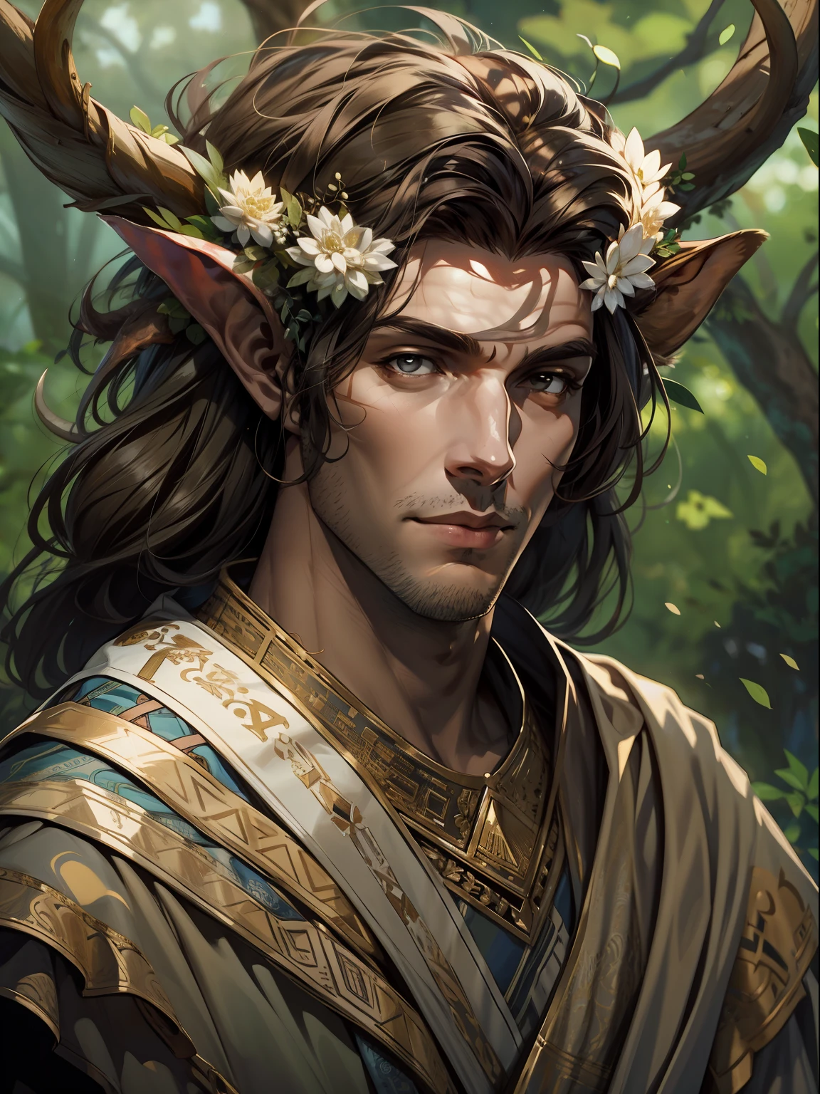 capa de desenho, A very handsome faun druid with white eyes and a tunic with an acacia pattern, loyal expression, intensidade de close-up, master part, best quality, ultra-detalhado, beautiful cinematic lighting, detalhes intrincados, Olhando para o Viewer, Profundidade de campo-AR 2:3-s 200