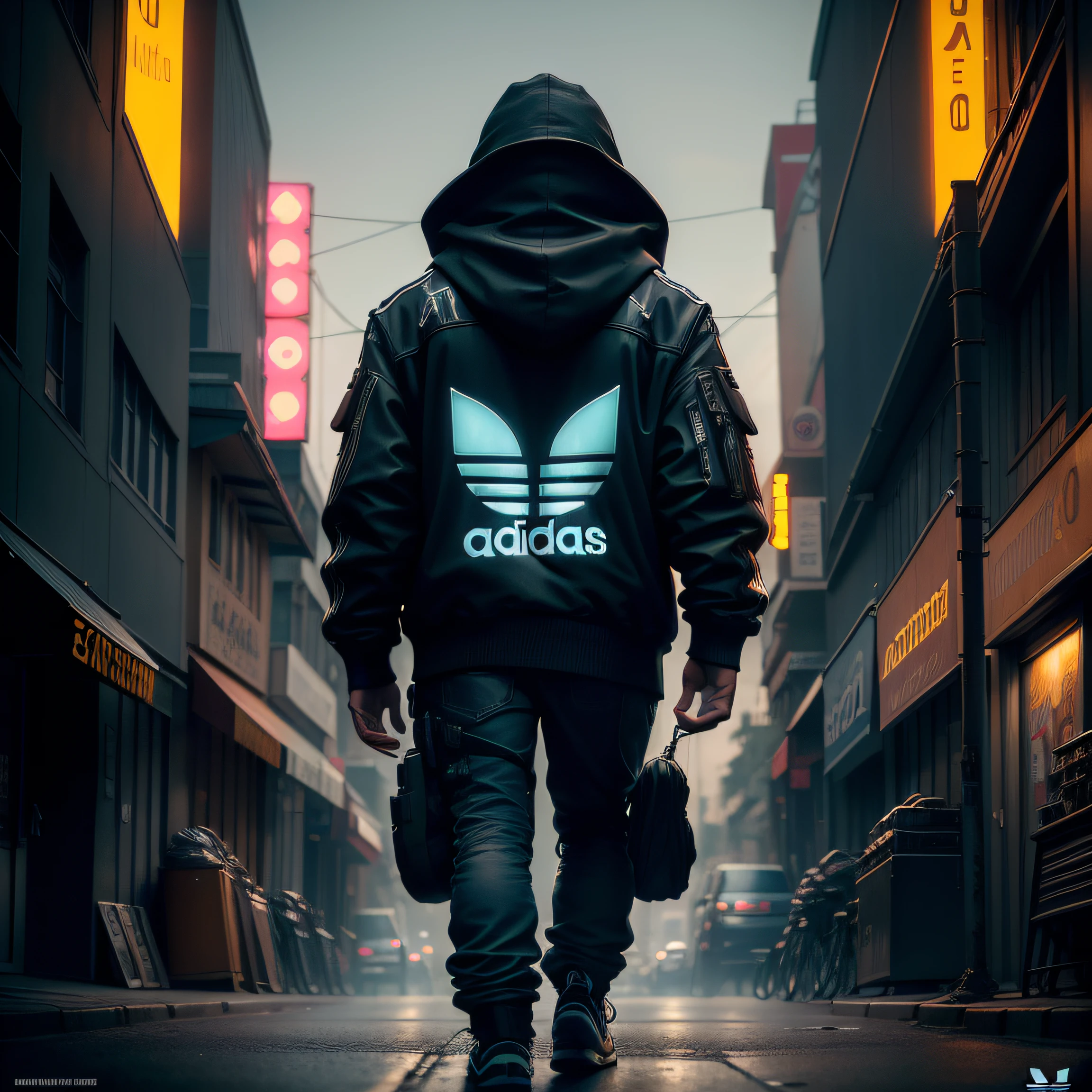 Cartel futurista con el logo de adidas en backlight, luz blanca en una calle de una ciudad de noche oscura, neon, en estilo steampunk, con cables, partes mecanicas, retro, cartel luminoso, noche, realista, fotografico, alto detalle, fotorealista, sin personajes